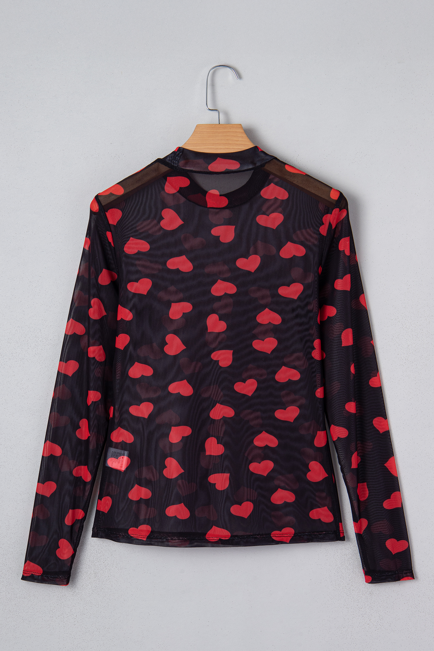 Black Valentines Heart Printed Sheer Mesh Long Sleeve Top - loveforevers