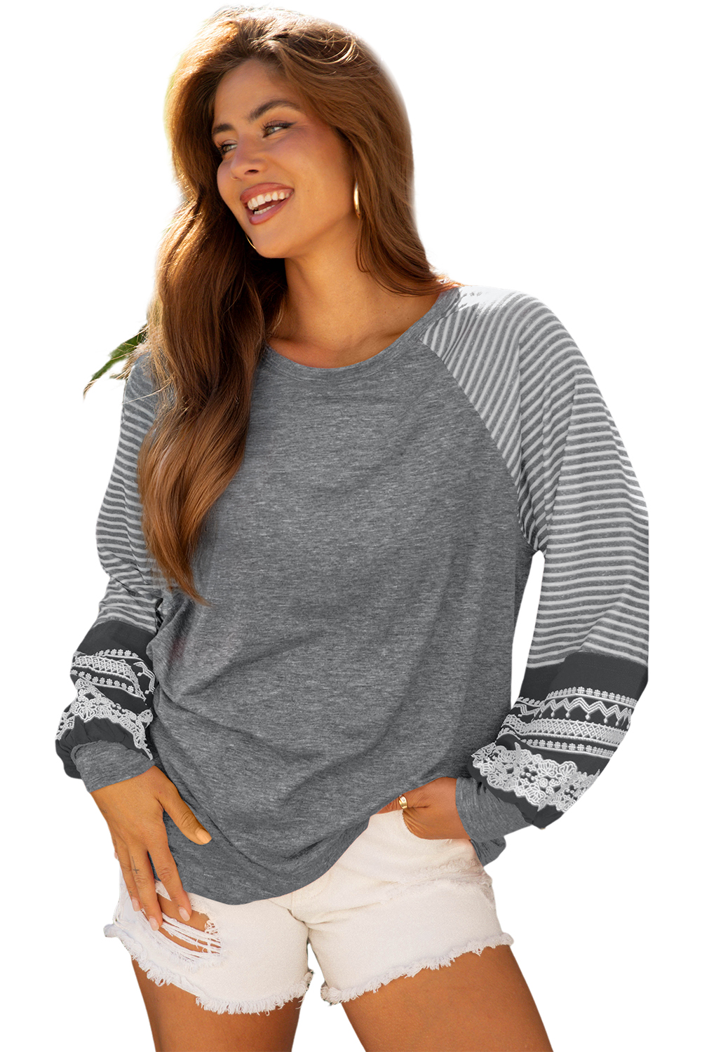 Tillandsia Purple Contrast Print Striped Raglan Long Sleeve Loose Top - loveforevers