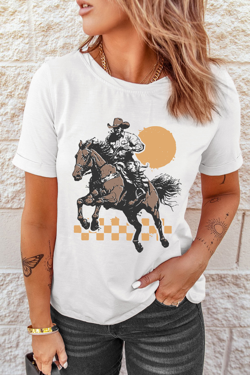 White Sunset Cowboy Print Western Fashion T Shirt - loveforevers