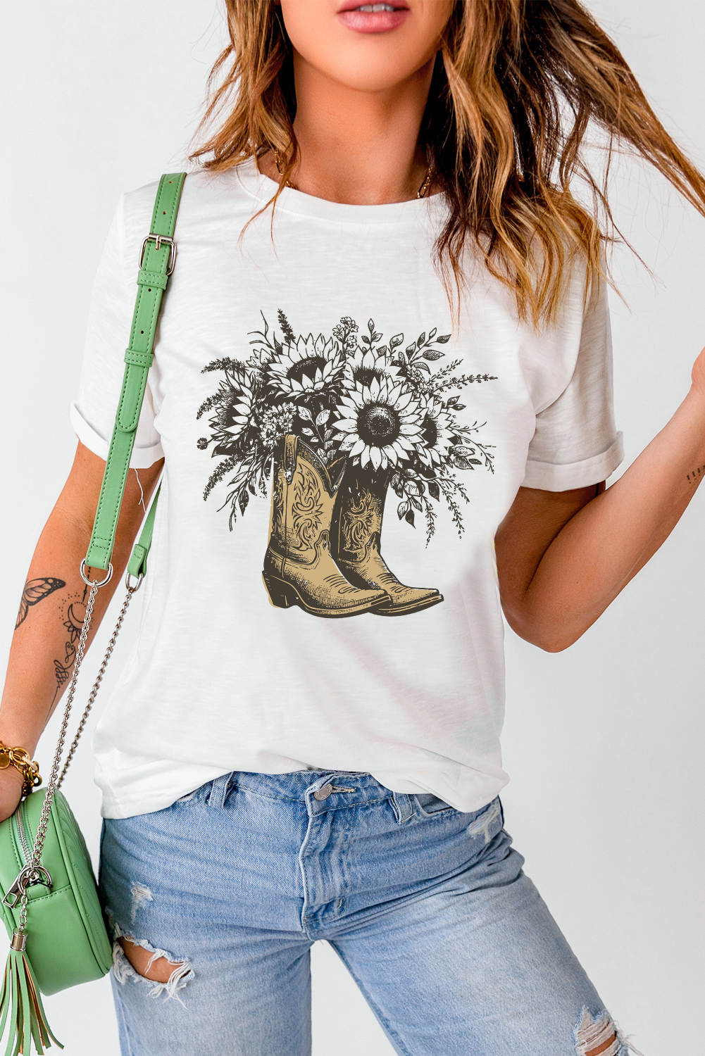 White Sunflower Cowgirl Boots Cotton Blend Graphic Tee - loveforevers