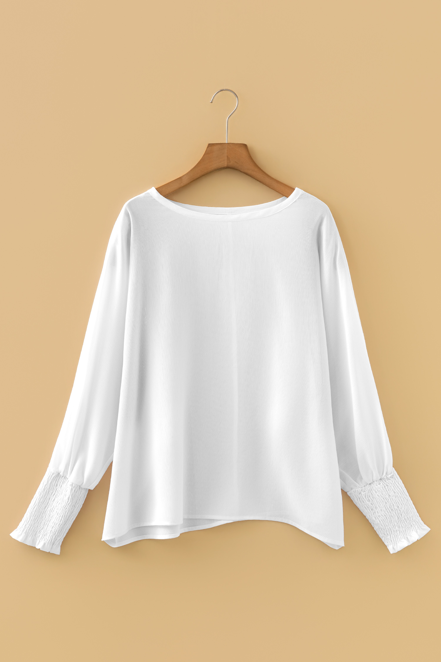 White Smocked Cuffs Semi Sheer Long Sleeve Dolman Blouse - loveforevers