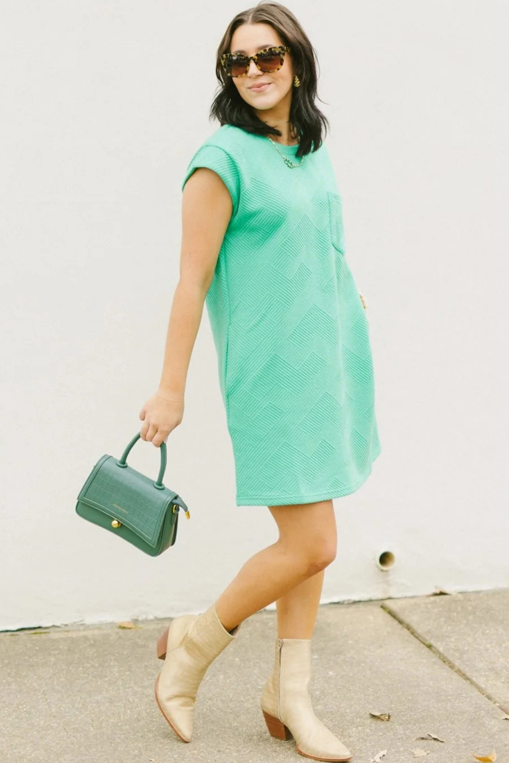 Mint Green Textured Cap Sleeve T Shirt Dress - loveforevers