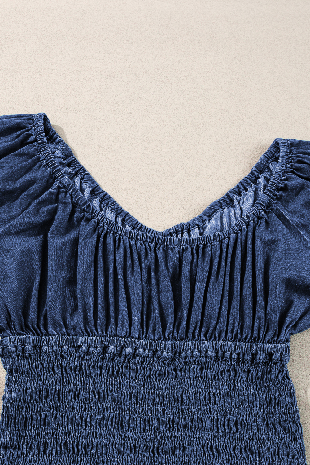 Dark Blue Smocked Ruffled Puff Sleeve V Neck Denim Blouse - loveforevers