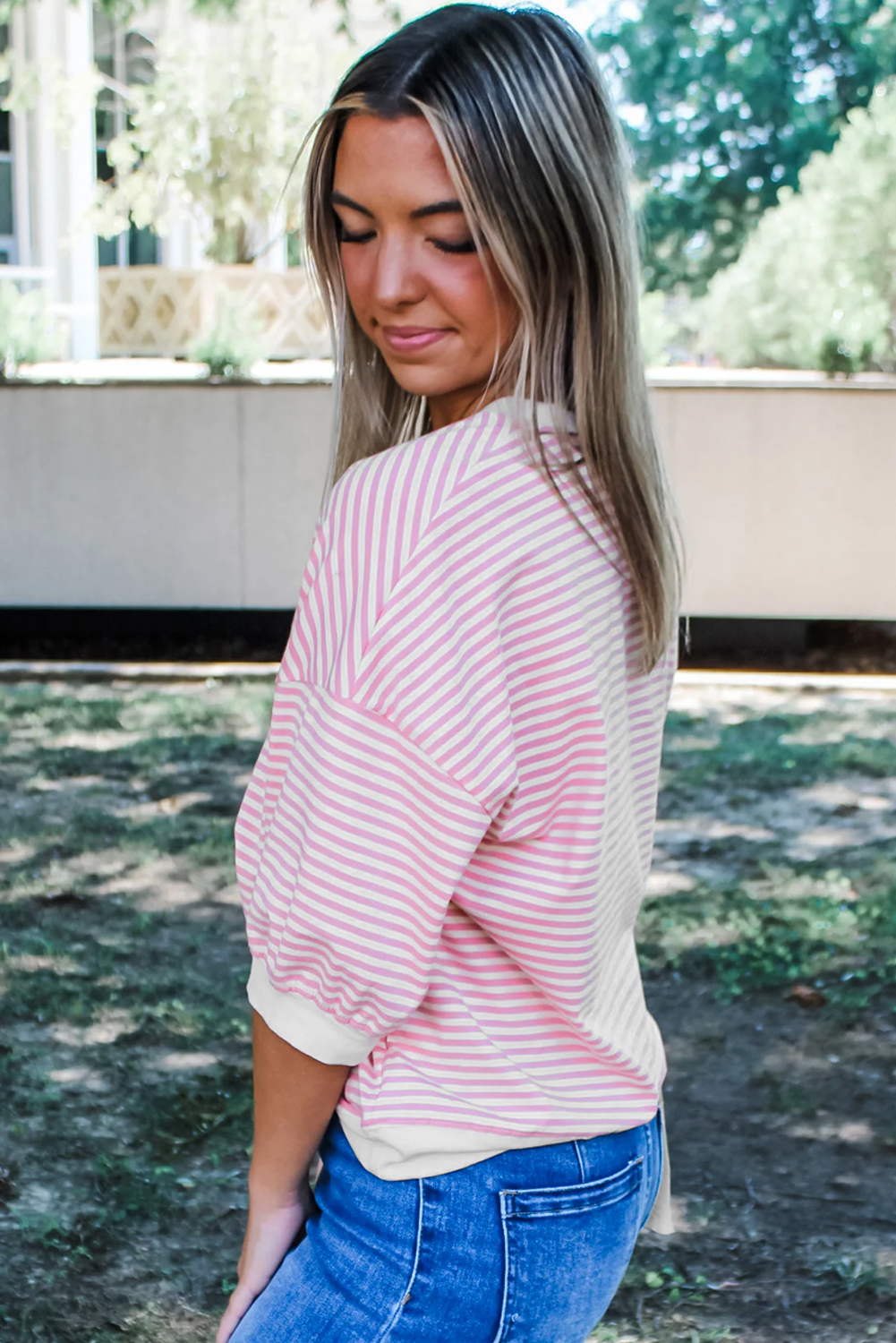 Pink Striped 3/4 Sleeve Drop Shoulder Top - loveforevers