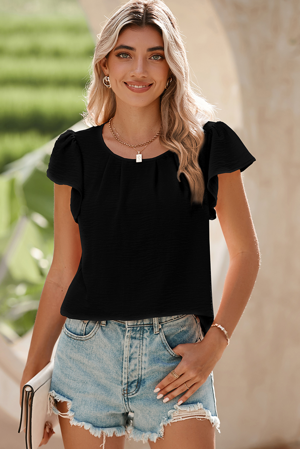 Black Flounce Sleeve Pleated Textured Blouse - loveforevers