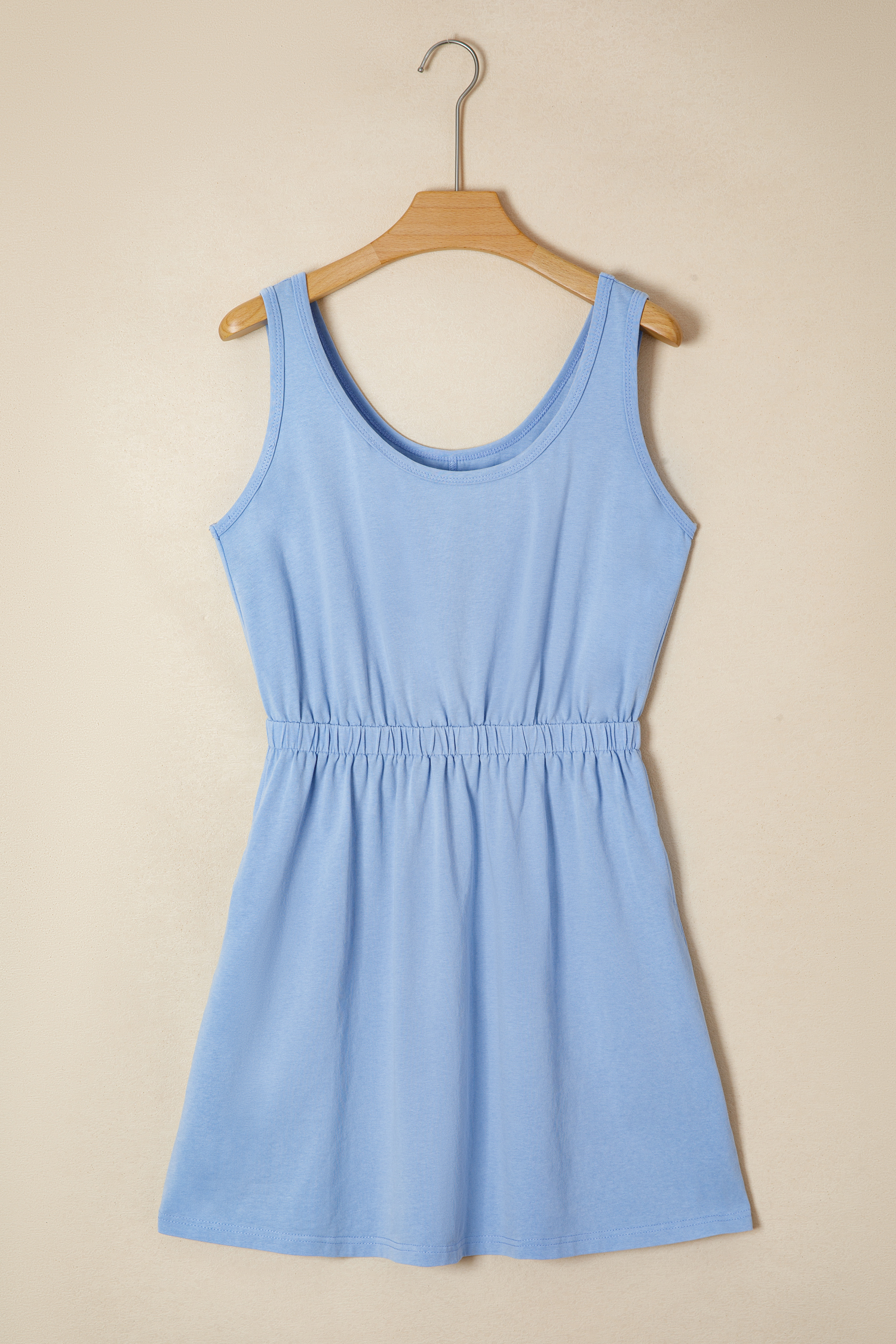Sky Blue Mineral Wash Elastic Waist Tank Dress with Side Pockets - loveforevers