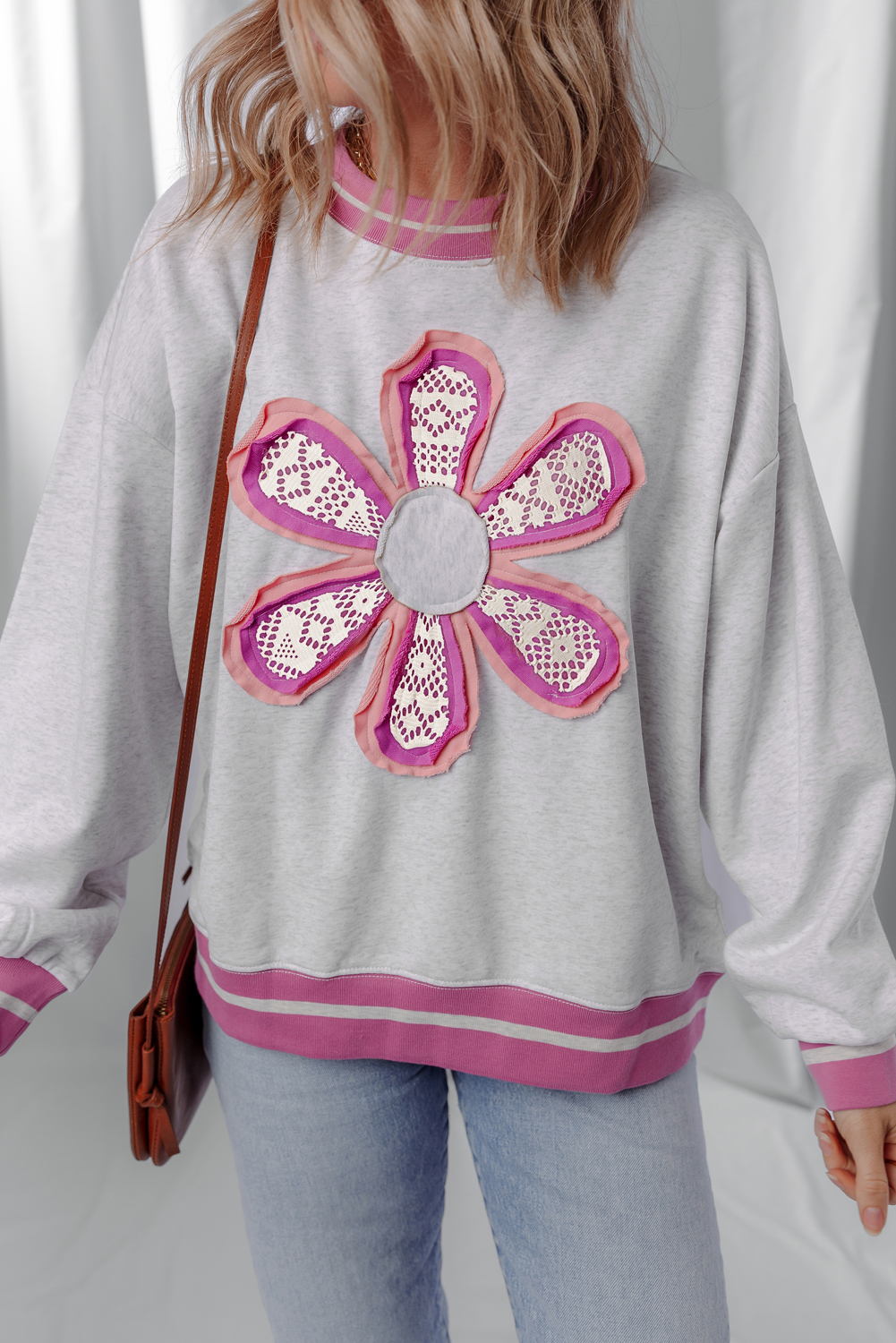 Gray Flower Patch Contrast Trim Crew Neck Sweatshirt - loveforevers