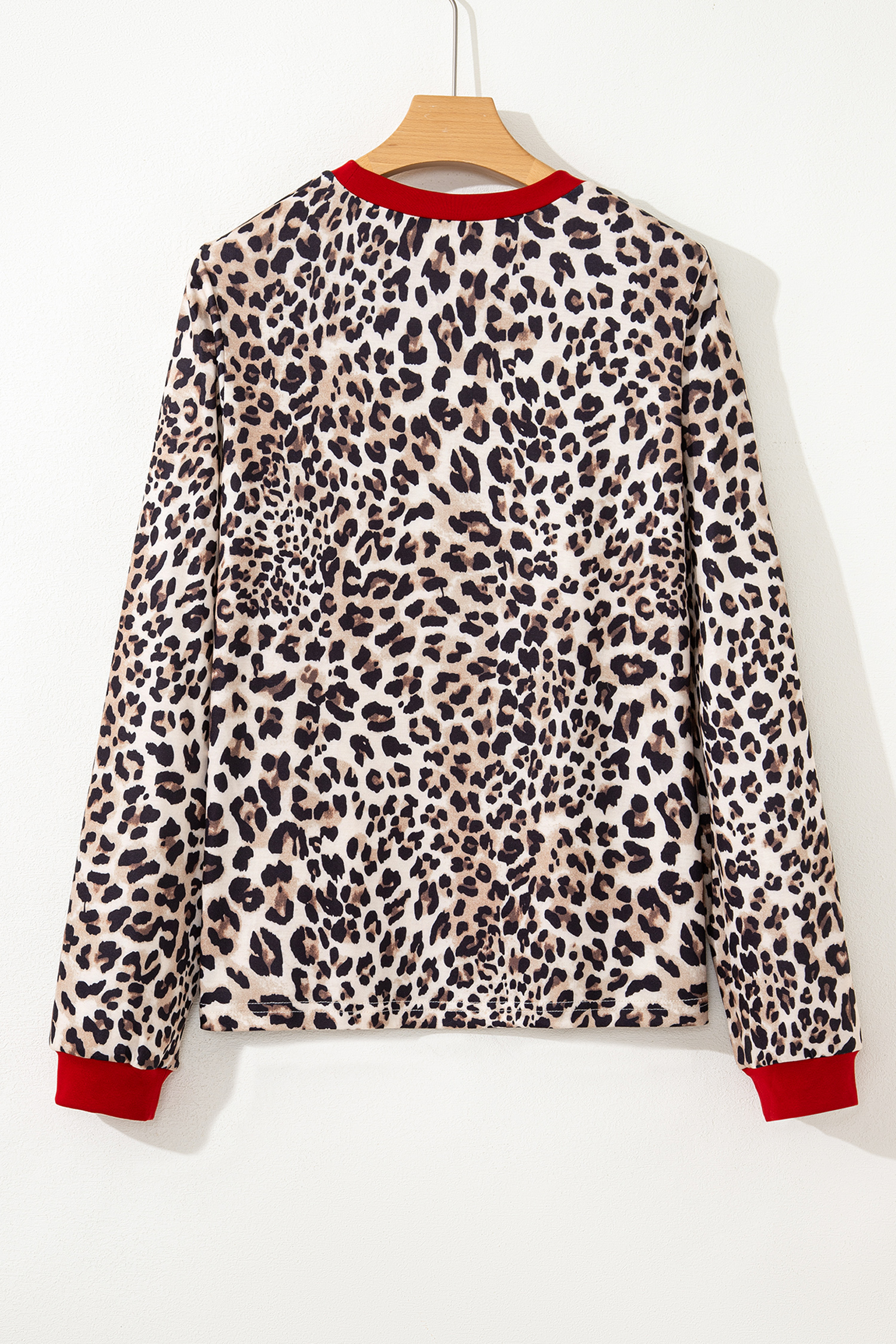 Brown Leopard Print Contrast Trim Round Neck Long Sleeve Top - loveforevers