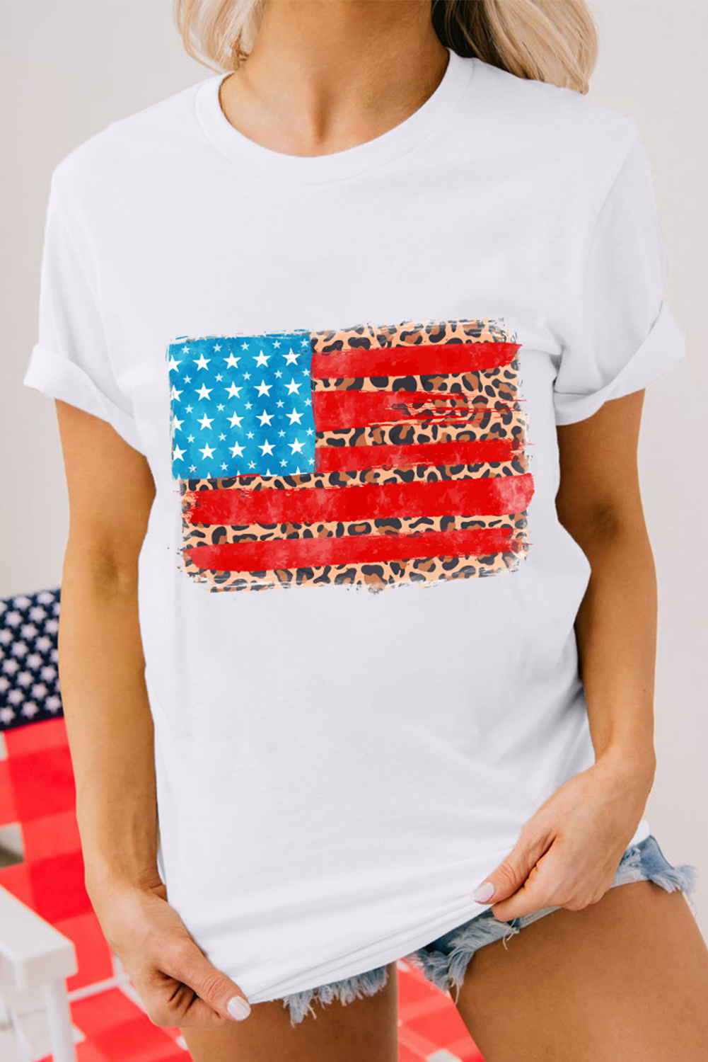 White Leopard Insert American Flag Pattern Cotton Blend T Shirt - loveforevers