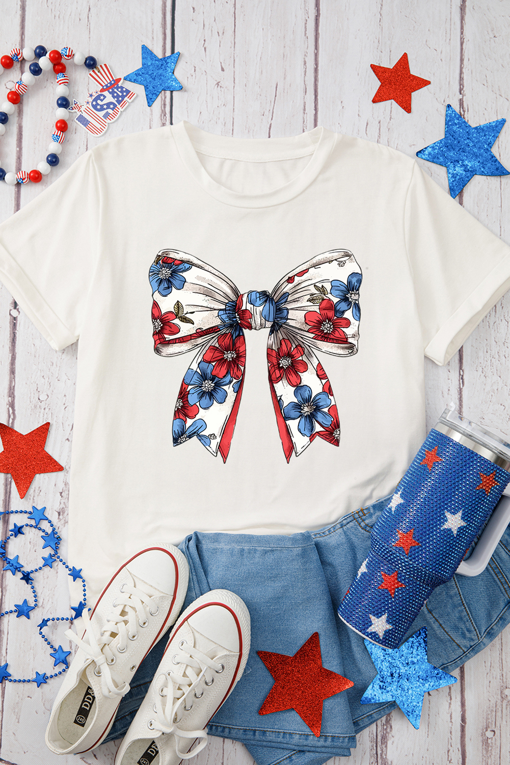 White July 4th Flower Bowknot Print Crew Neck T Shirt - loveforevers