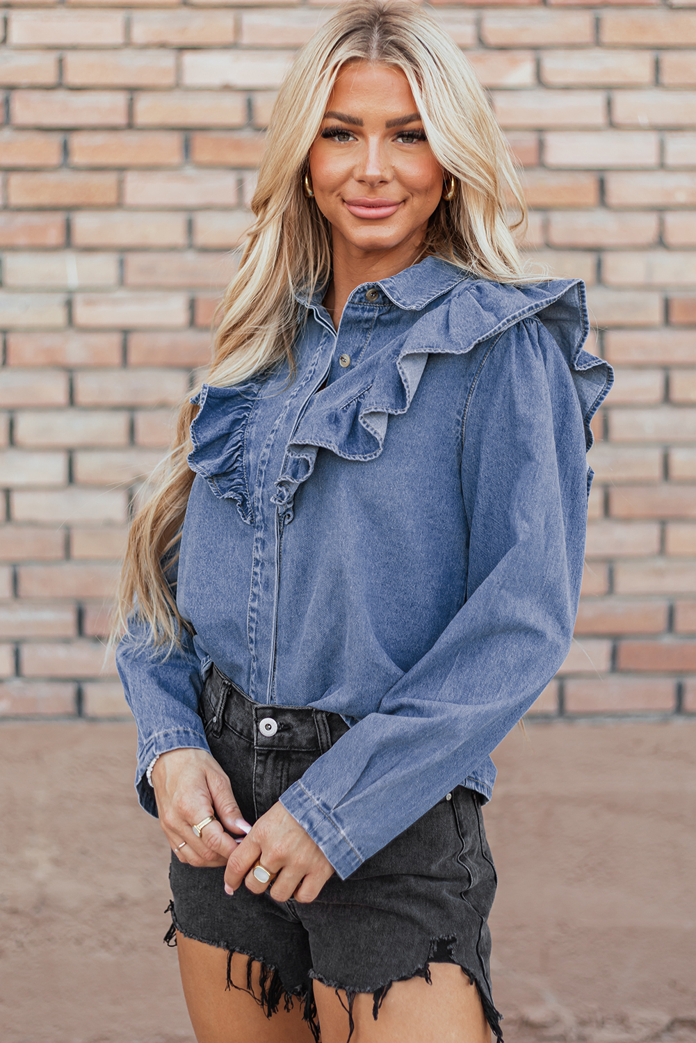 Dusk Blue Denim Ruffled Casual Top - loveforevers