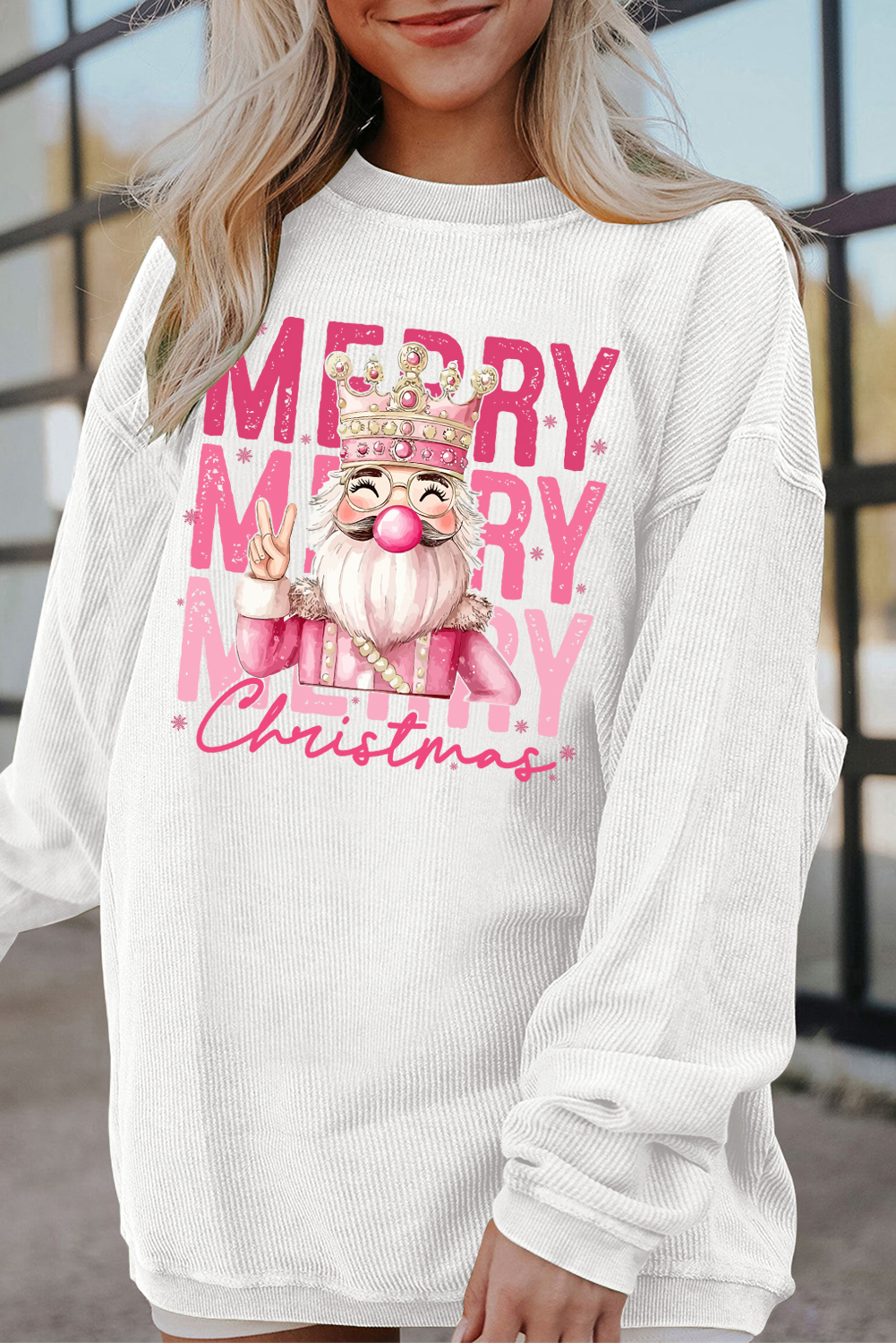 White Twisted Ribbed Merry Christmas Nutcracker King Printed Sweatshirt - loveforevers