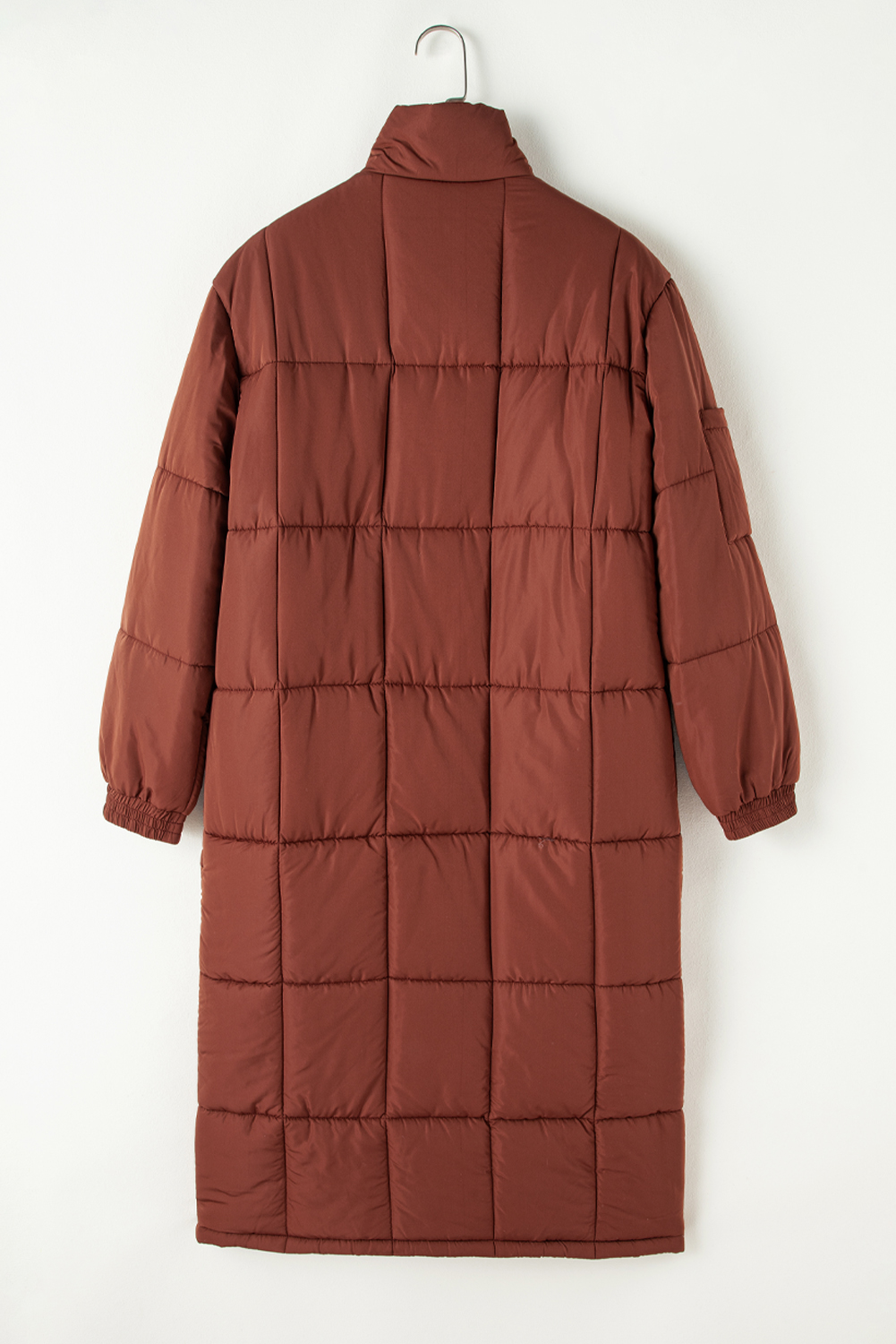 Coffee Quilted Puffer Stand Neck Zipped Mid-length Coat - loveforevers