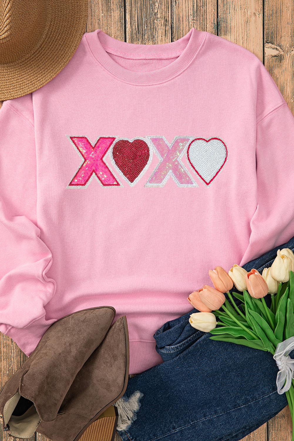 Pink Sequin Heart XOXO Graphic Drop Shoulder Valentines Sweatshirt - loveforevers