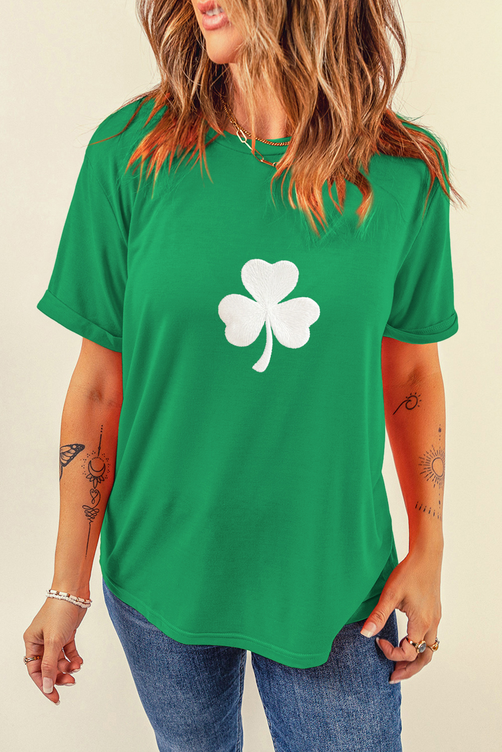 Bright Green Embroidered Clover Pattern St Patrick Tee - loveforevers