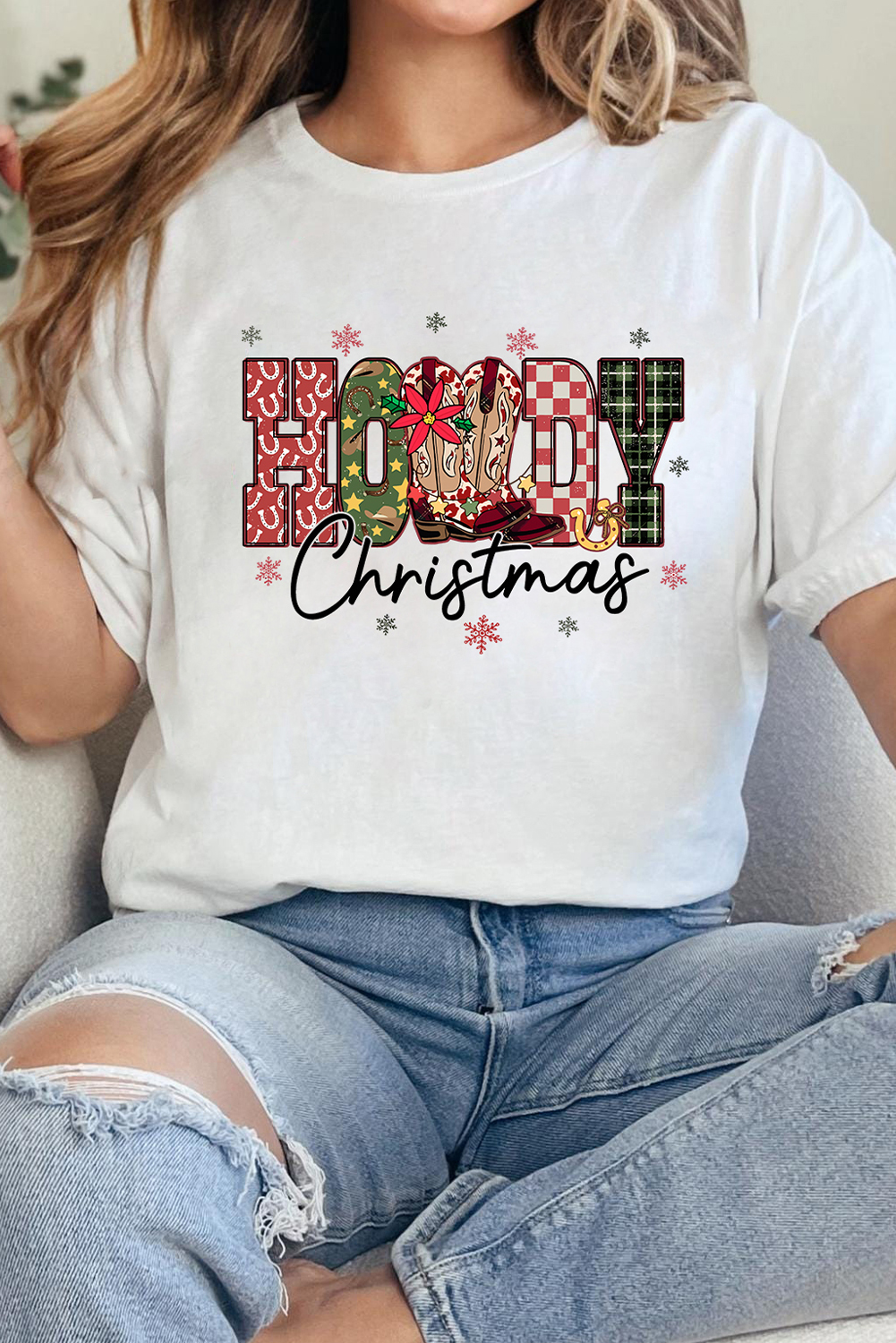 White Western HOWDY Christmas Festive Letter Printed Crew Neck T Shirt - loveforevers