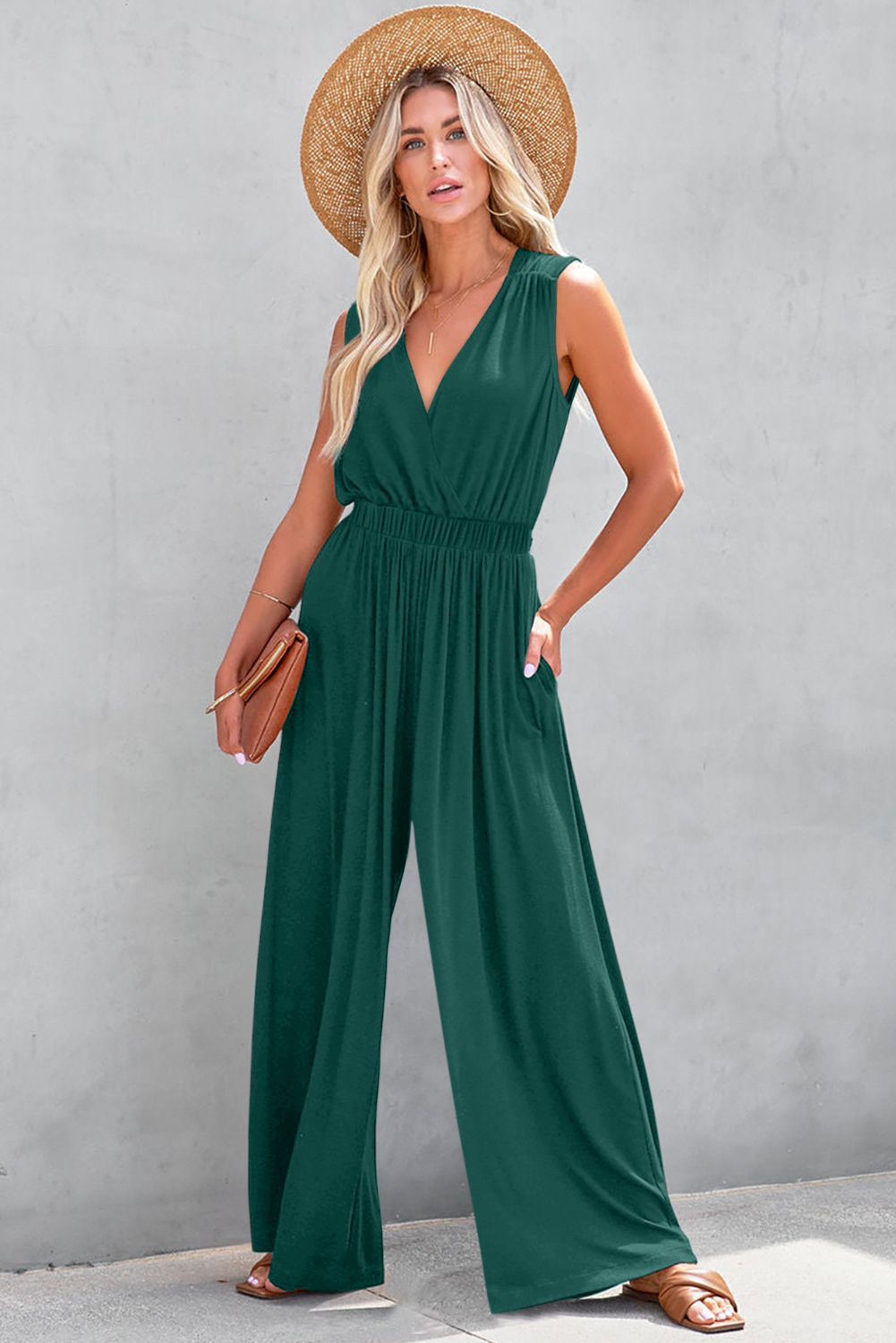 Black Deep V Pleated Crisscross Wide Leg Backless Jumpsuit - loveforevers