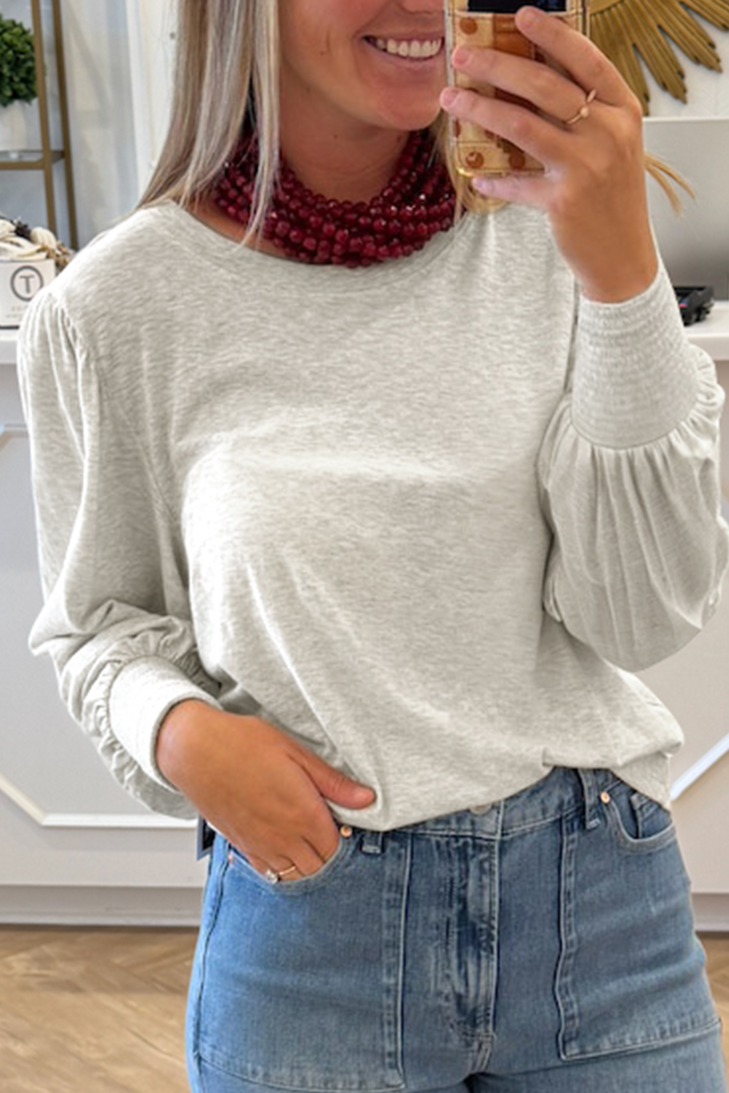 Oatmeal Shirred Cuffs Puff Sleeve Peasant Top - loveforevers