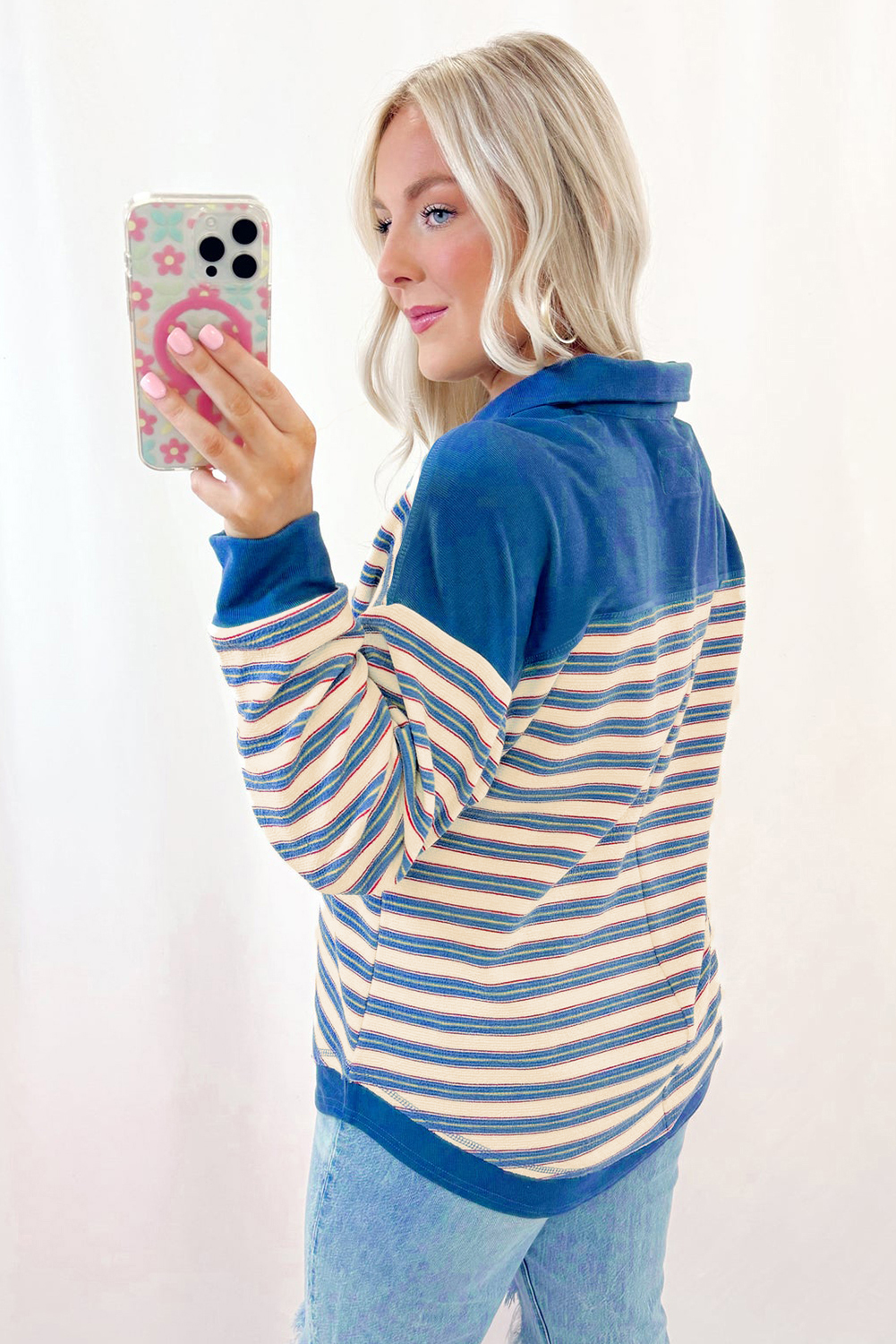 Red Stripe Buttoned V Neck Collared Drop Shoulder Top - loveforevers