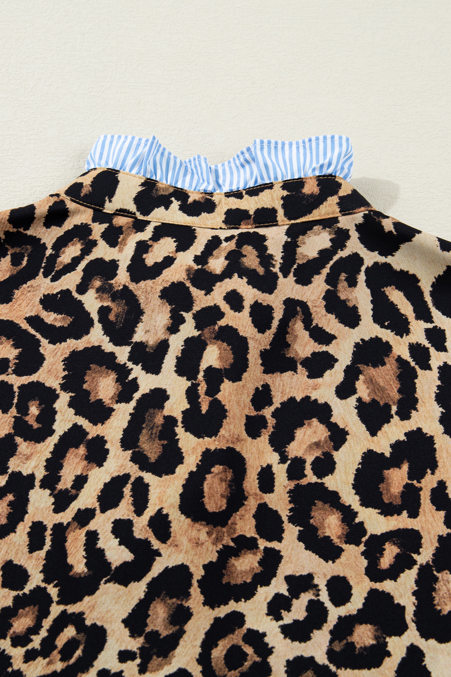 Brown Wild Leopard Print Contrast Striped Frilled Trim Chic Shirt - loveforevers