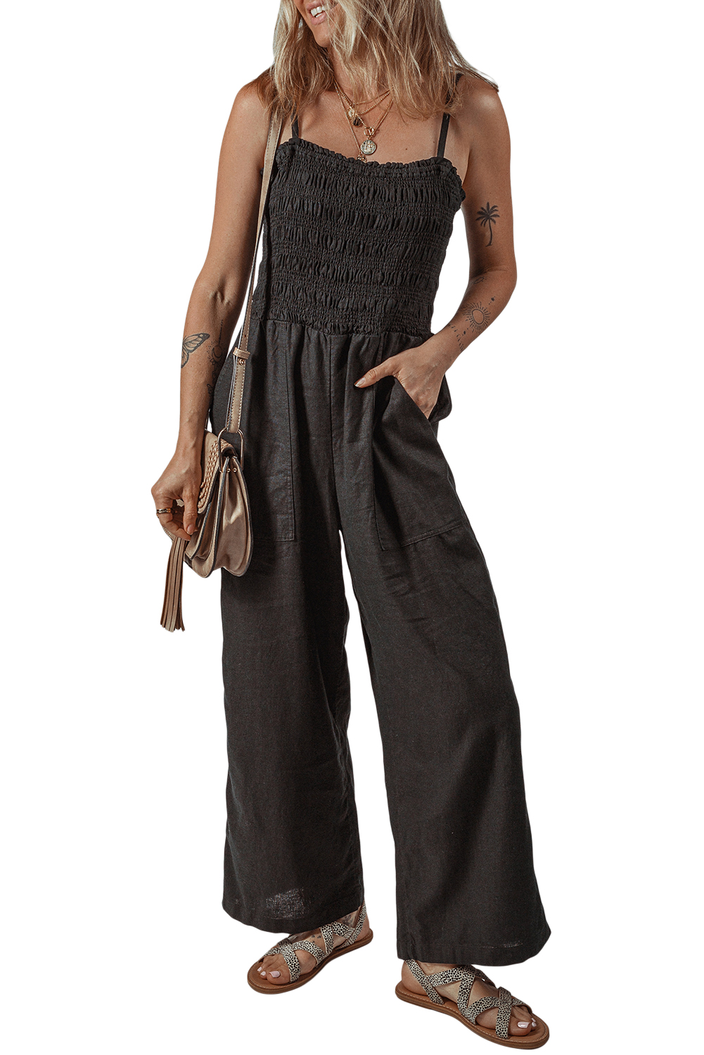 Black Spaghetti Straps Shirred Bodice Pocketed Wide Leg Jumpsuit - loveforevers