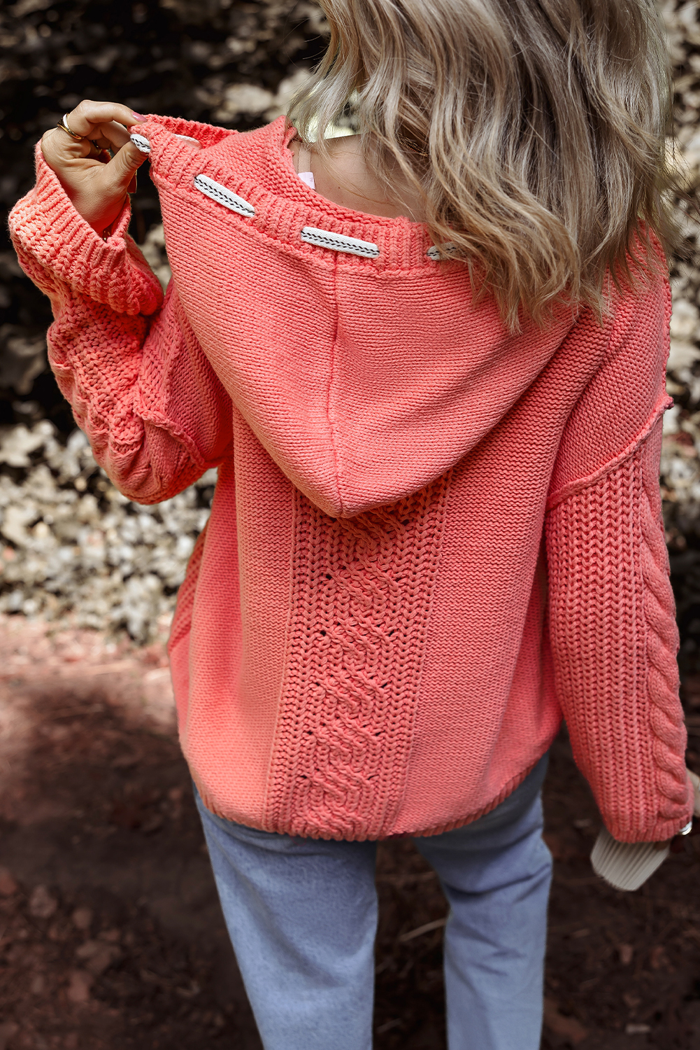 Gold Flame Cable Knit V Neck Contrast Drawstring Hooded Sweater - loveforevers