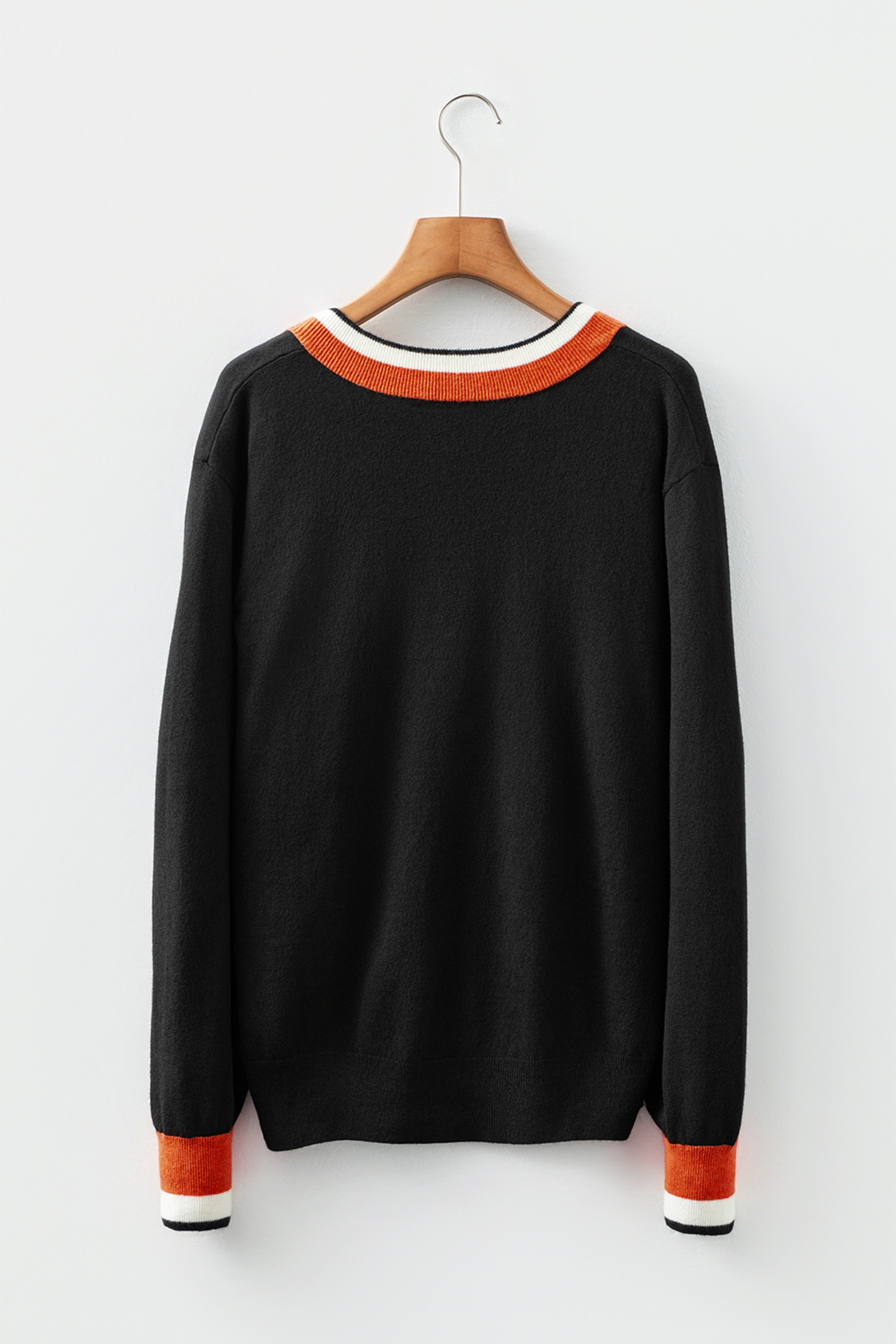 Black Contrast Striped Trim V Neck Varsity Sweater - loveforevers