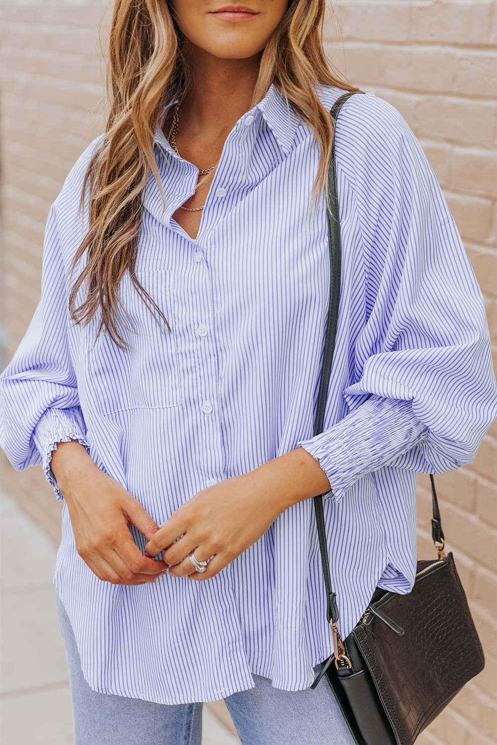 Red Stripe Smocked Cuffed Striped Boyfriend Shirt with Pocket - loveforevers