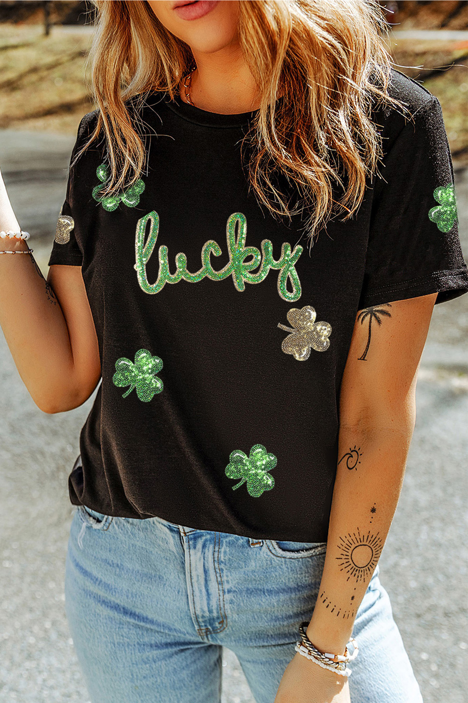 Black Lucky Sequin Shamrock Irish Festive Graphic Tee - loveforevers