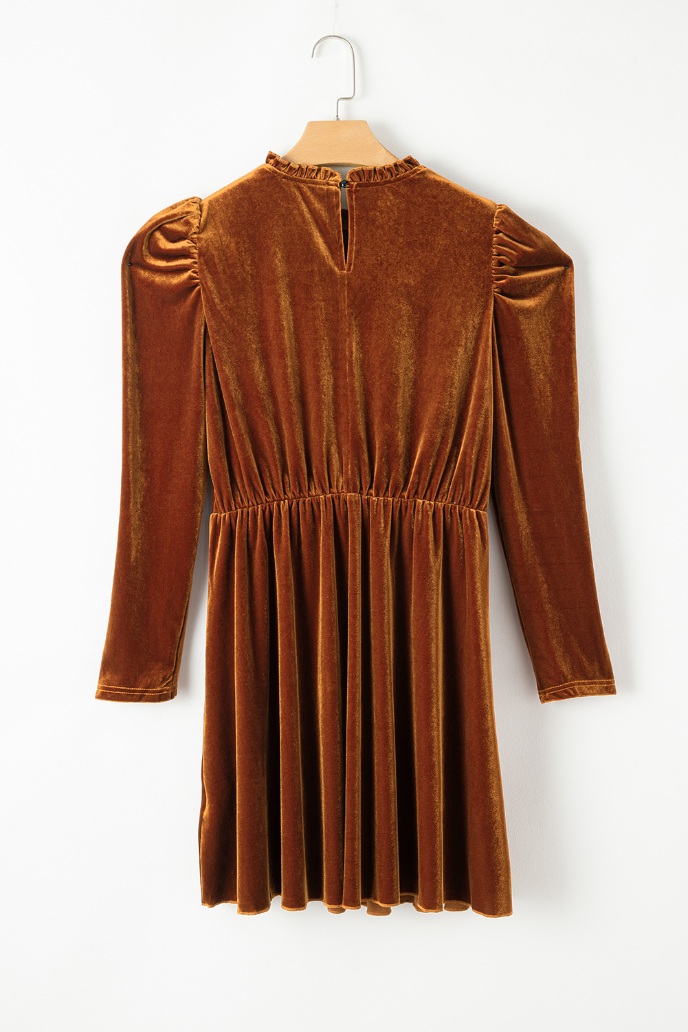 Chestnut Velvet Frilled Neck Gigot Sleeve Swing Dress - loveforevers