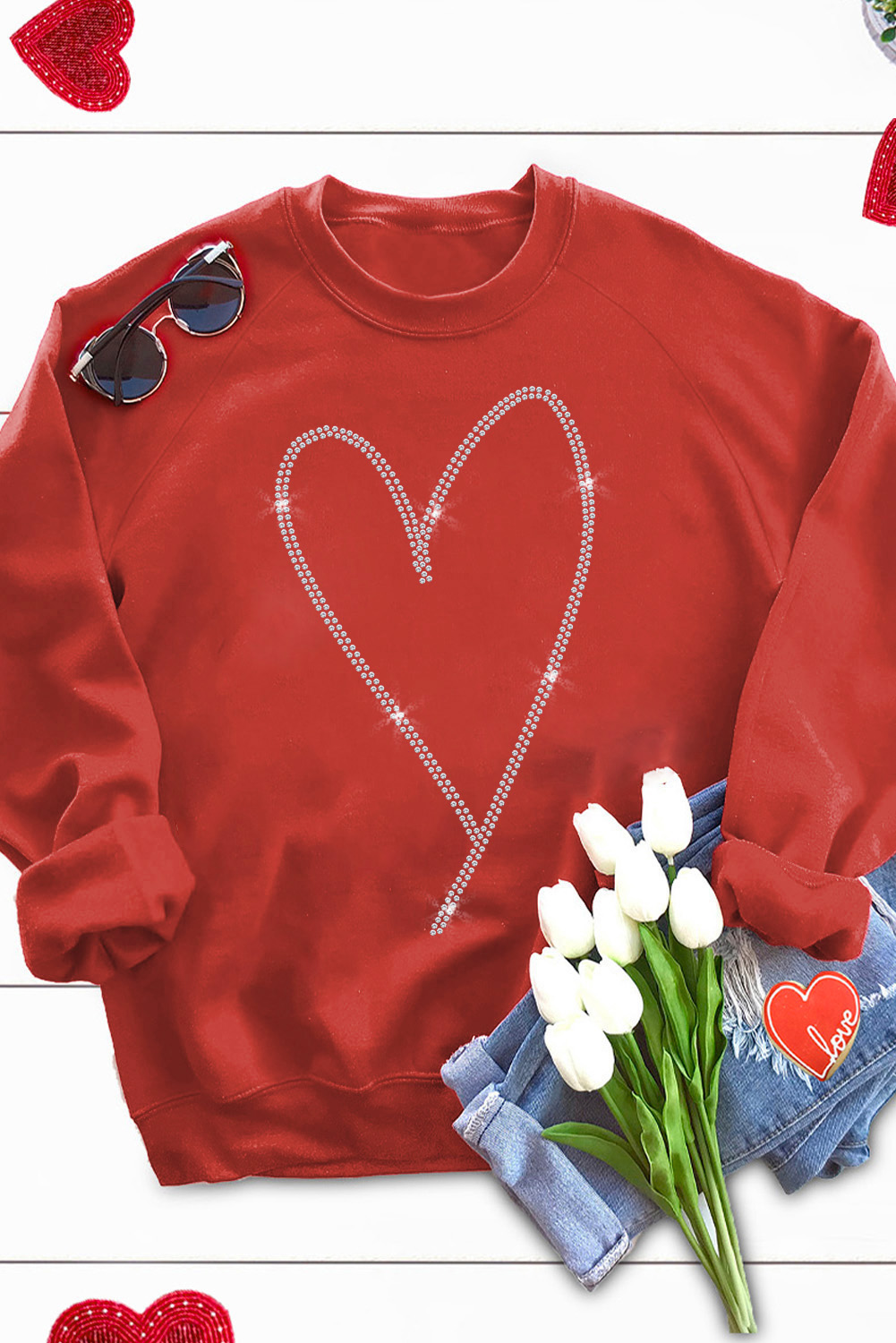 Fiery Red Rhinestone Heart Shaped Long Sleeve Sweatshirt - loveforevers