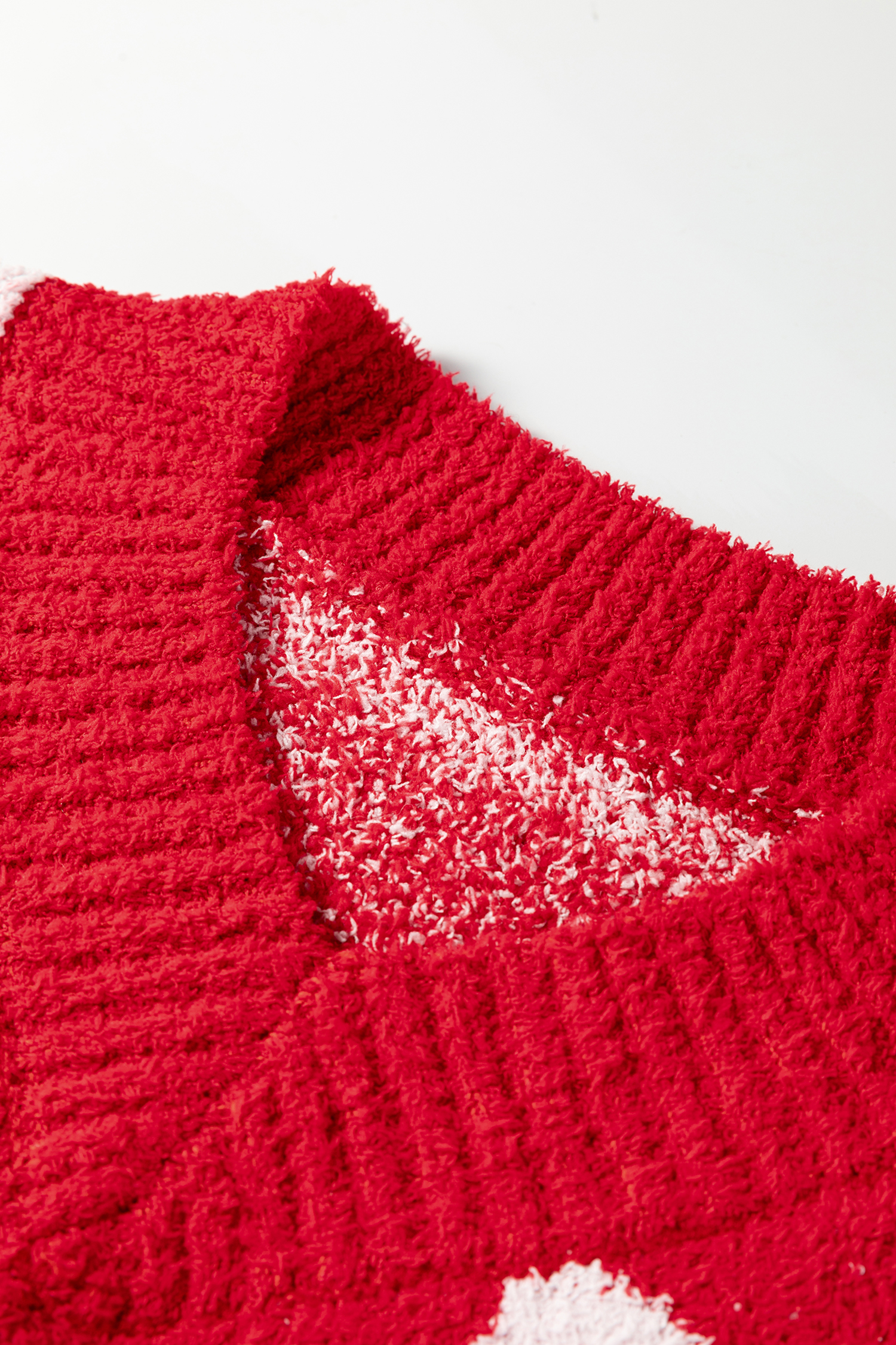 Fiery Red V Neck Flower Heart Detail Checkered Knit Loose Sweater - loveforevers