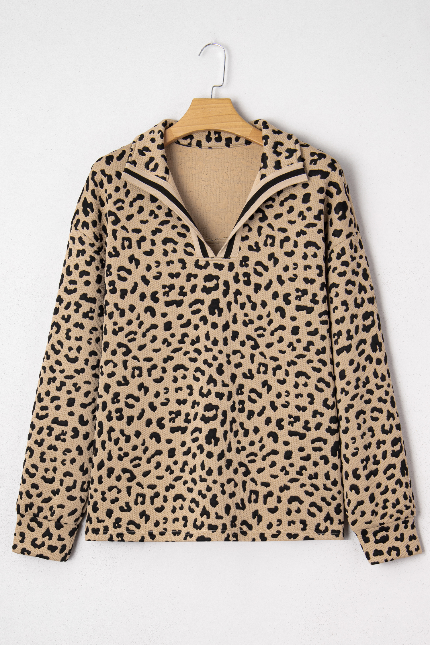 Parchment Leopard Polo Collar V Neck Pullover Top - loveforevers