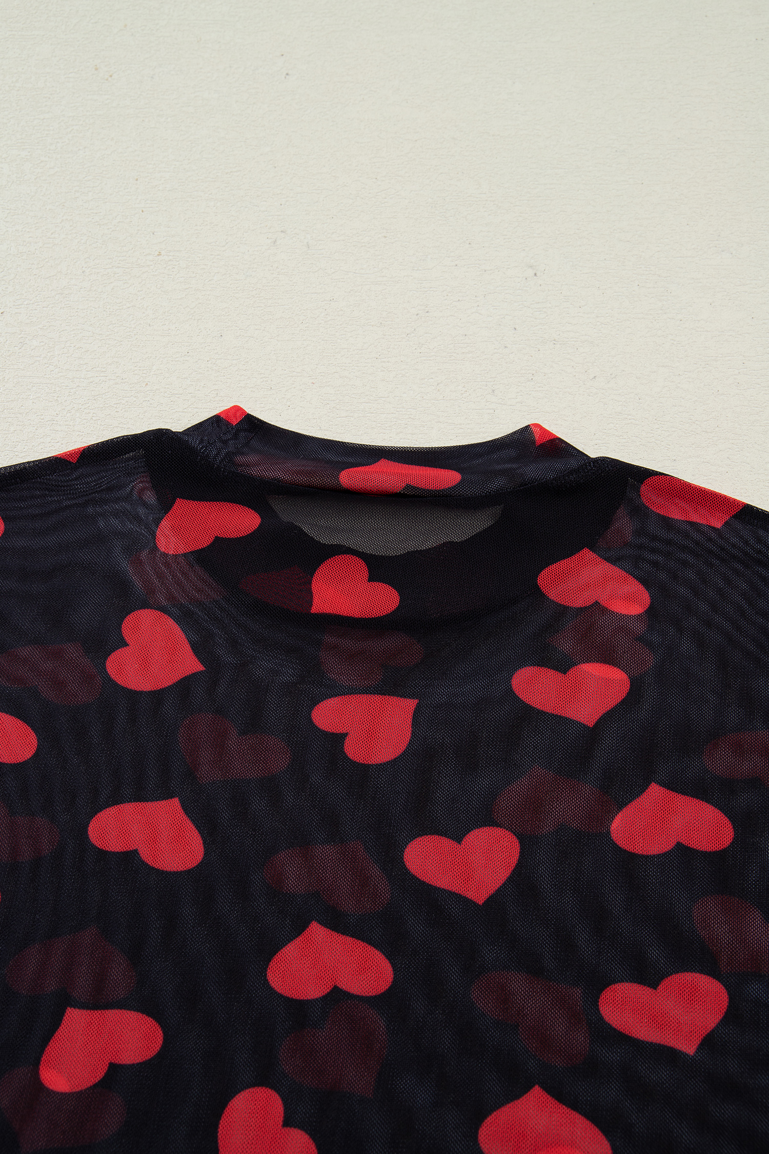 Black Valentines Heart Printed Sheer Mesh Long Sleeve Top - loveforevers