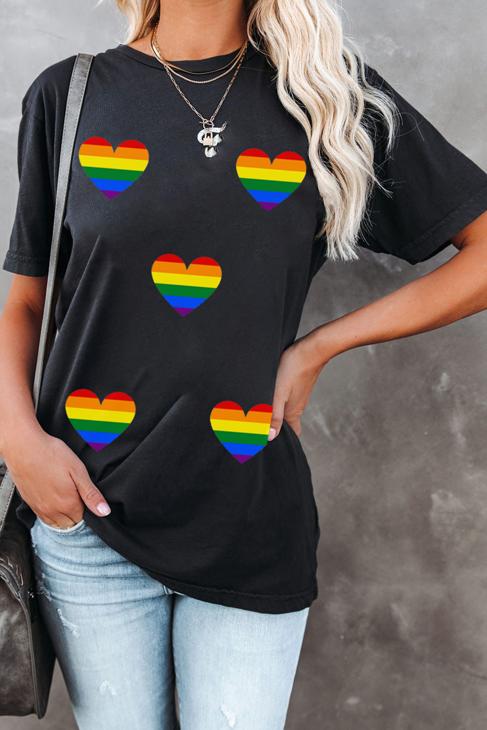 Black Heart Print Crew Neck Chic T Shirt - loveforevers