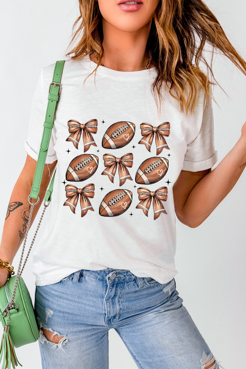 White Football Fashion Bow Print Cotton Blend T Shirt - loveforevers