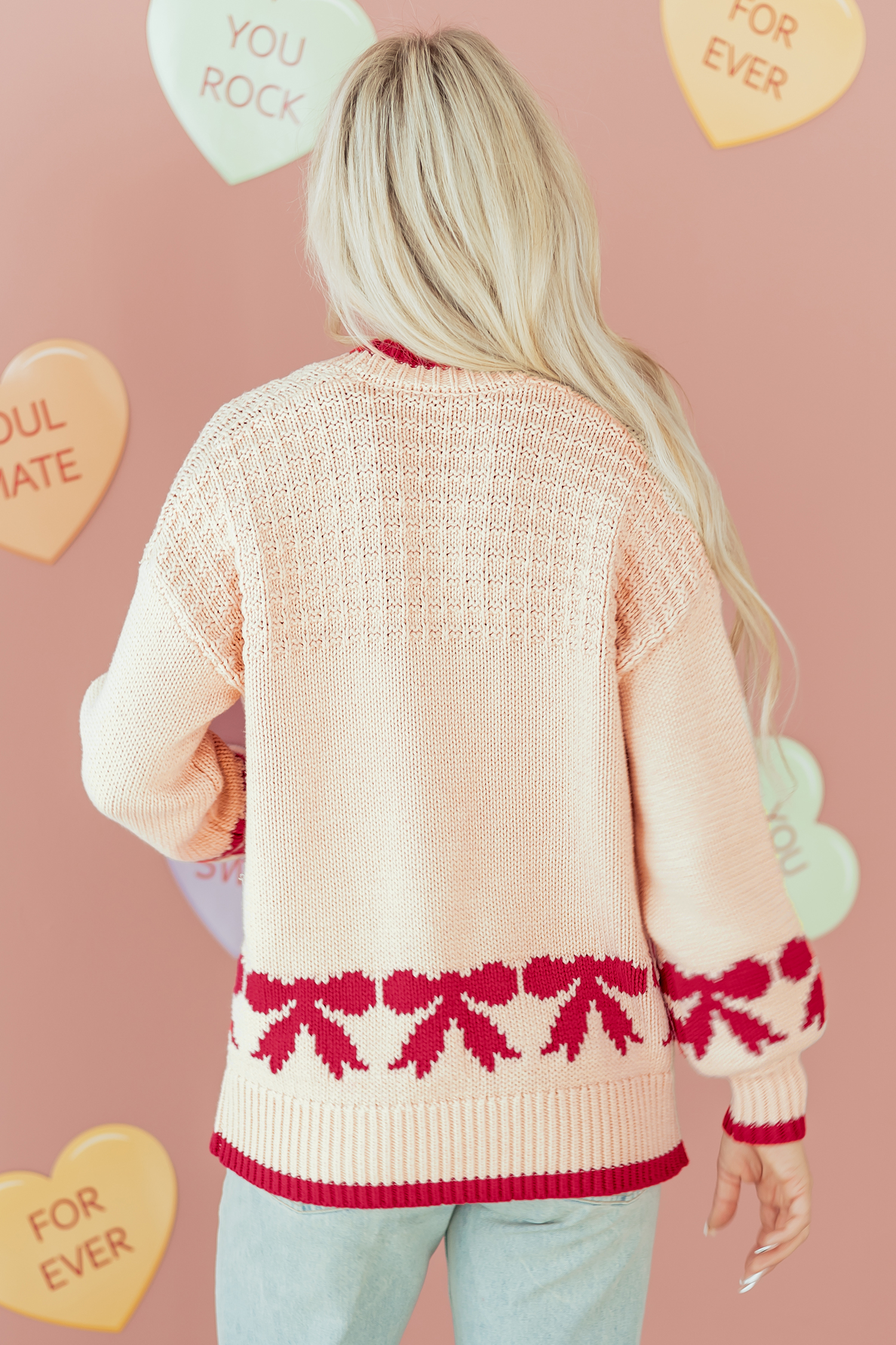 Apricot Bow Pattern Textured Open Front Baggy Cardigan - loveforevers