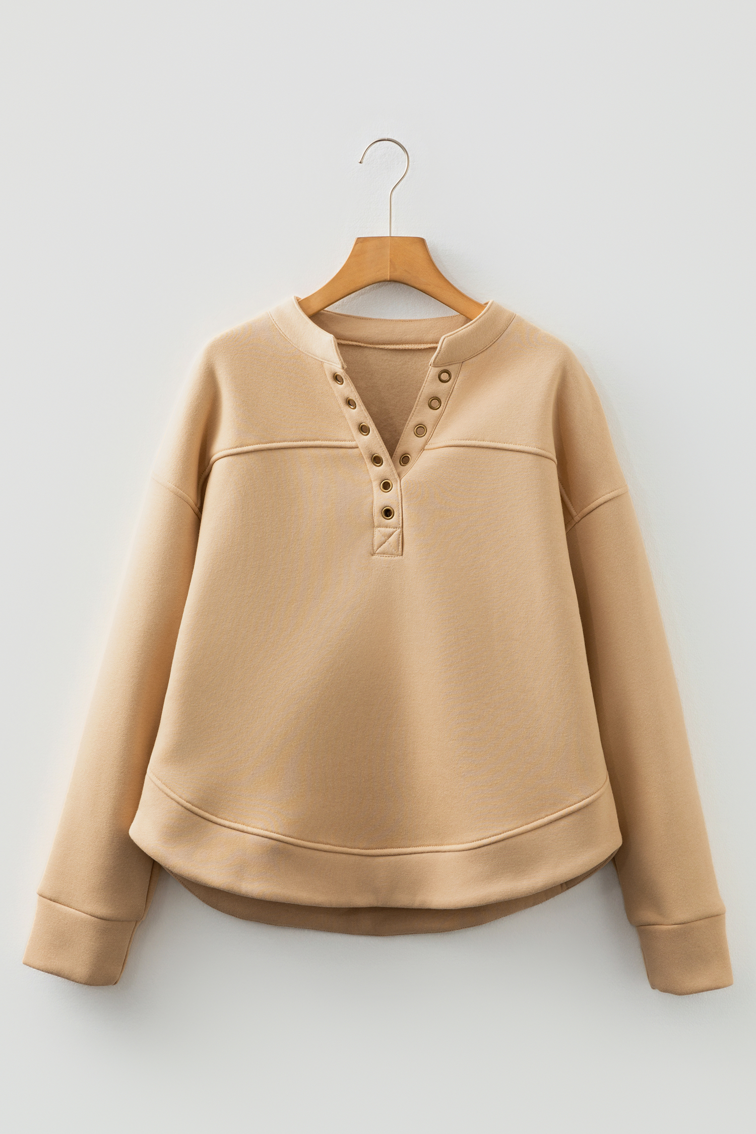 Light French Beige Grommet Detail V Neck Sweatshirt - loveforevers