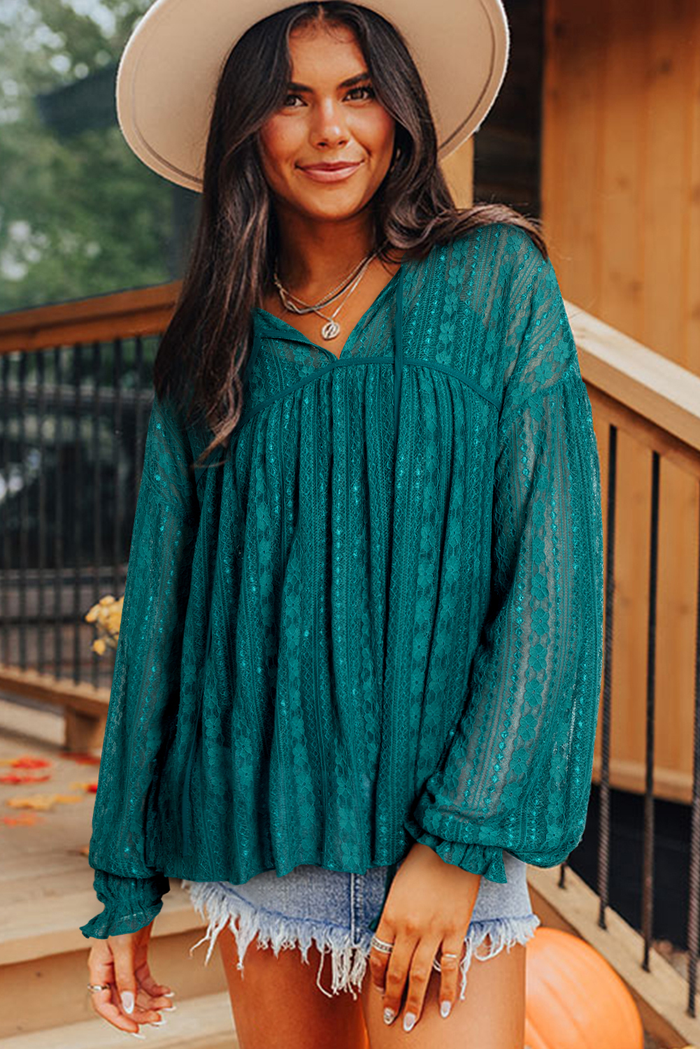 Evergreen Sheer Lace Balloon Sleeve Babydoll Blouse - loveforevers