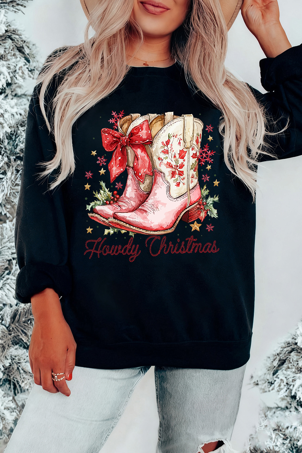 Black Howdy Christmas Cowgirls Boots Printed Baggy Sweatshirt - loveforevers