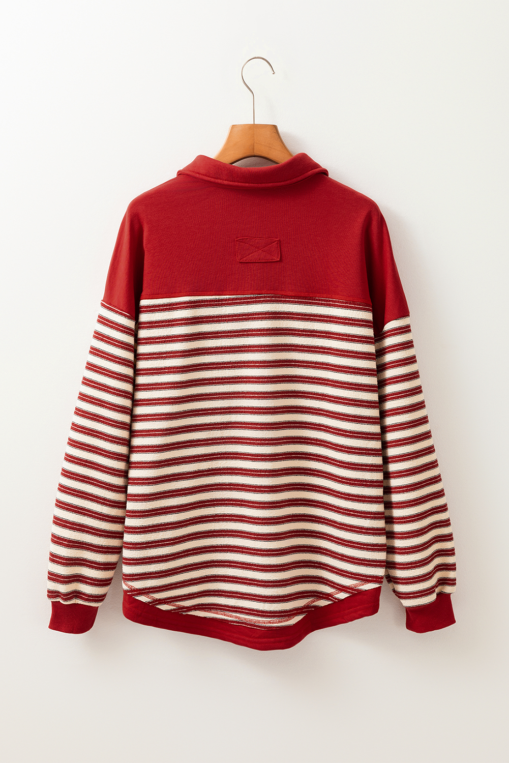Red Stripe Buttoned V Neck Collared Drop Shoulder Top - loveforevers