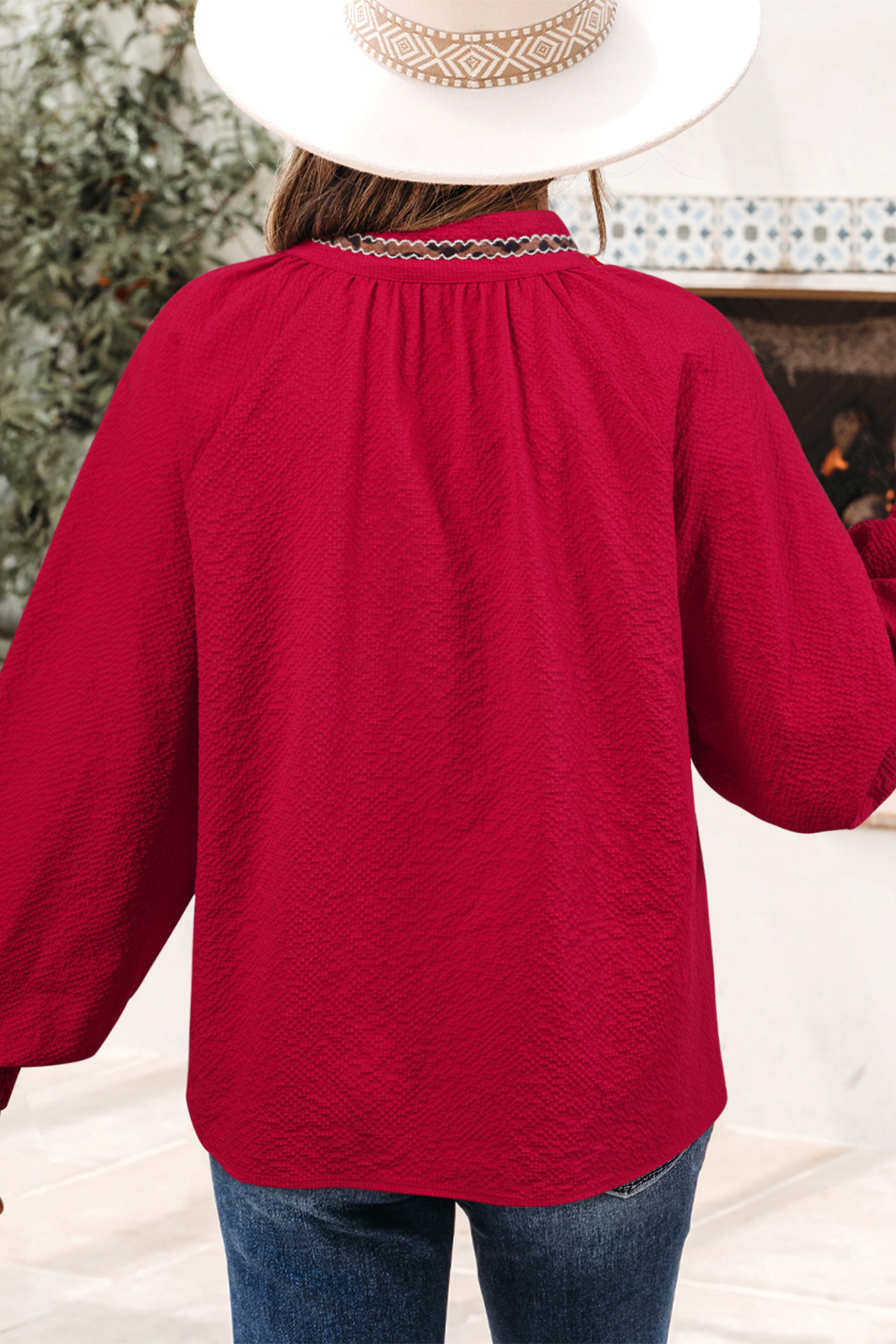 Racing Red Leopard Jacquard Print V Neck Textured Blouse - loveforevers