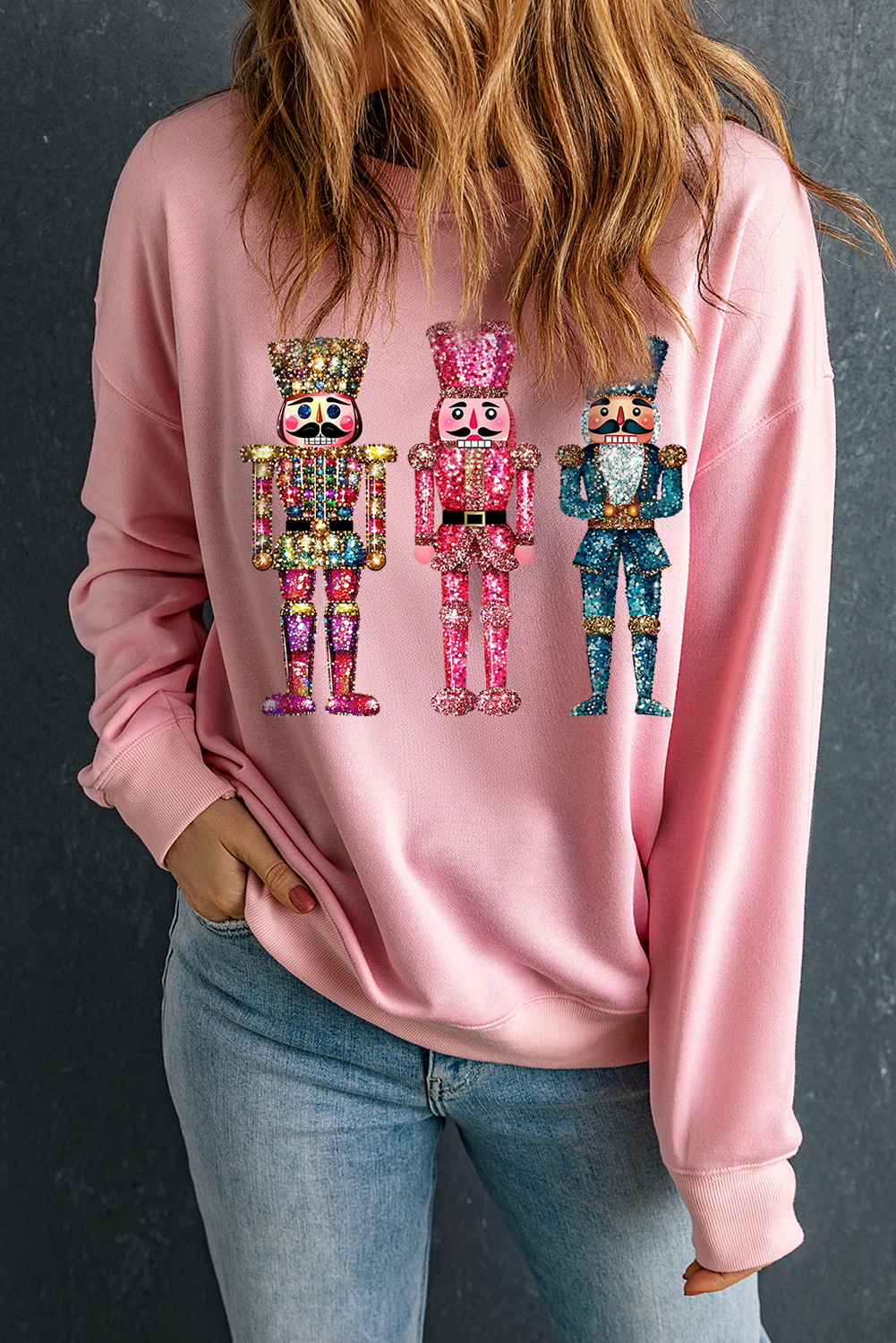 Pink Shimmer Nutcracker Graphic Christmas Pullover Sweatshirt - loveforevers