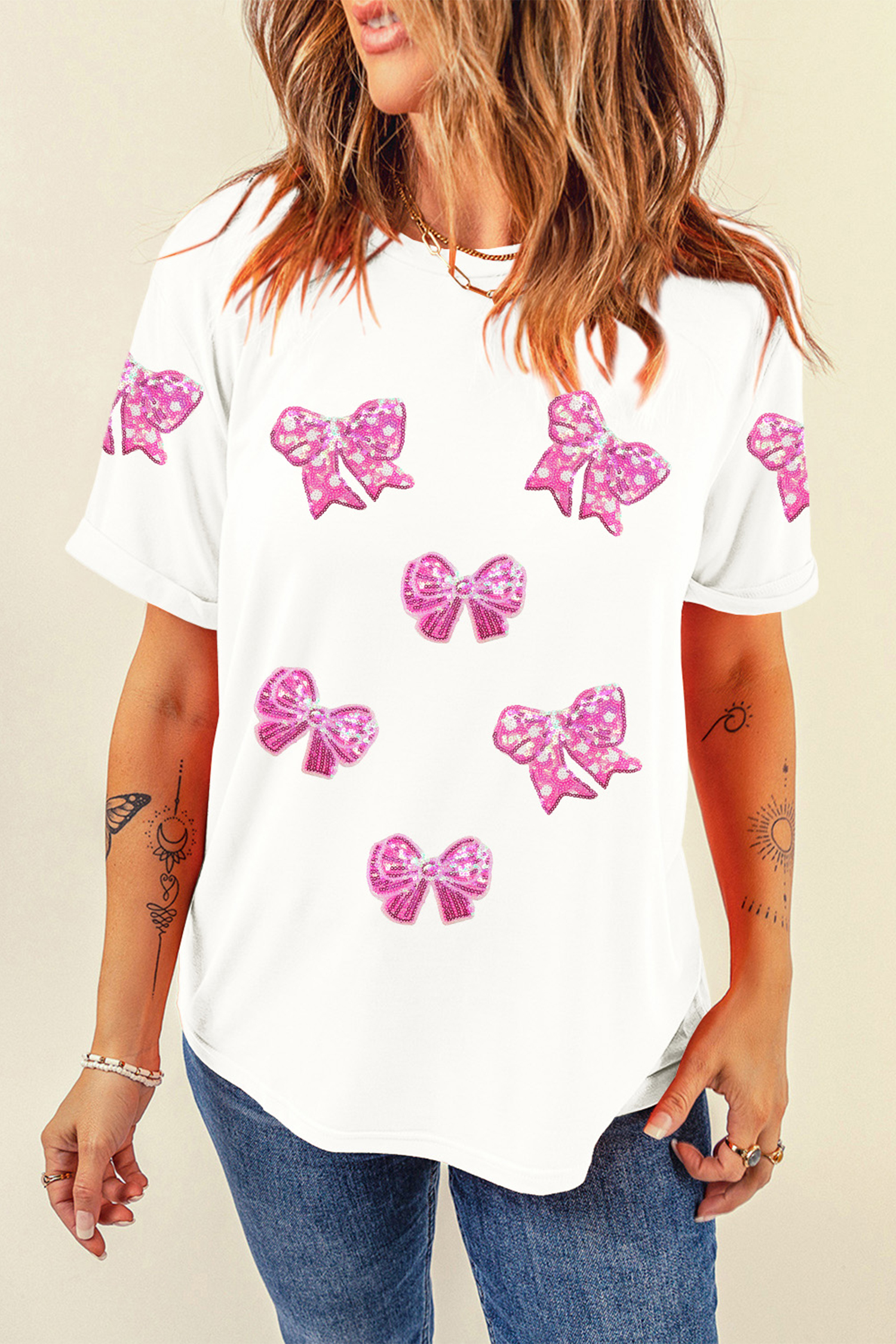 White Shimmering Bow Patched Pattern Valentine T Shirt - loveforevers