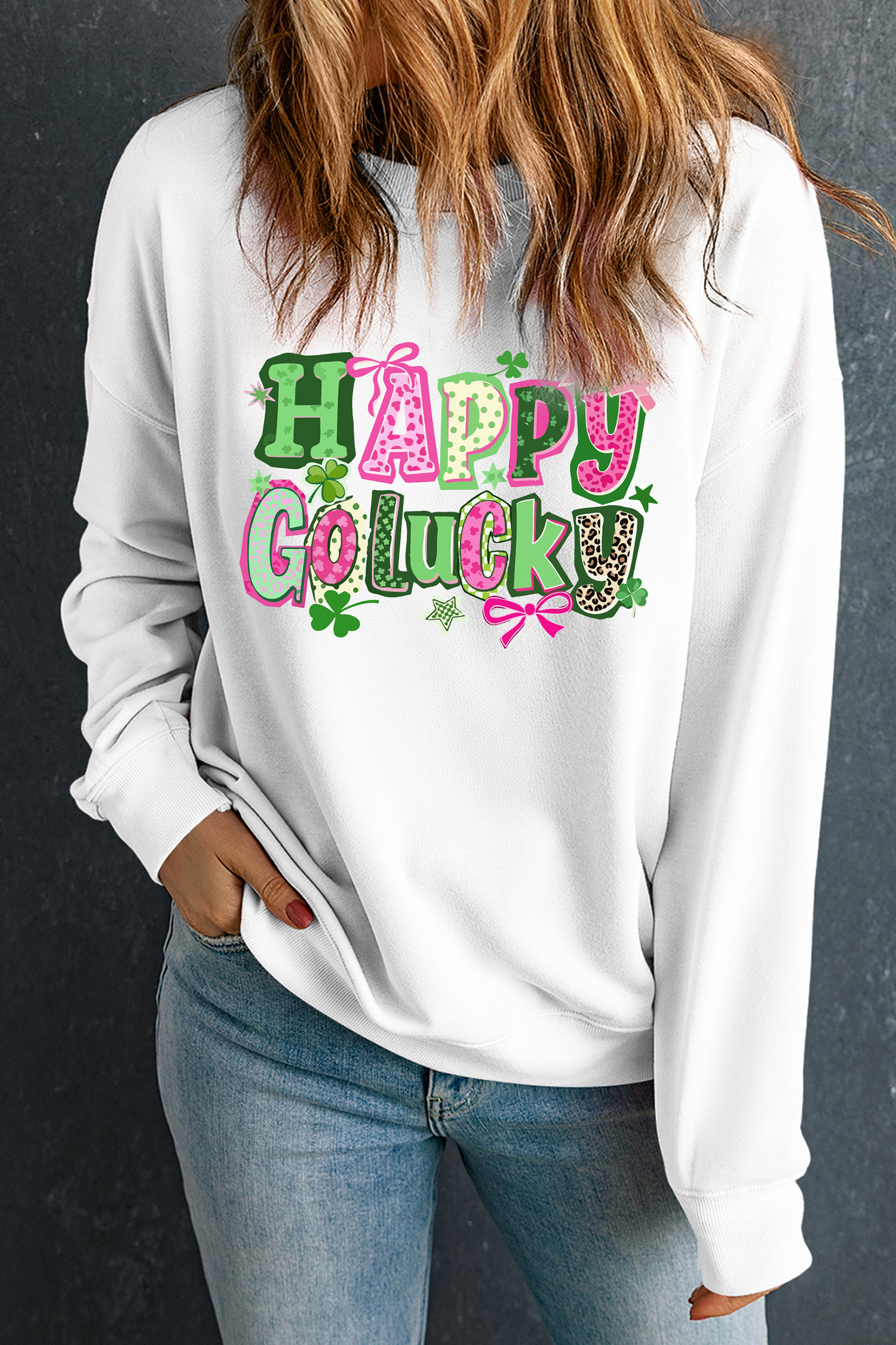 White HAPPY GO LUCKY Playful Letter Print Sweatshirt - loveforevers