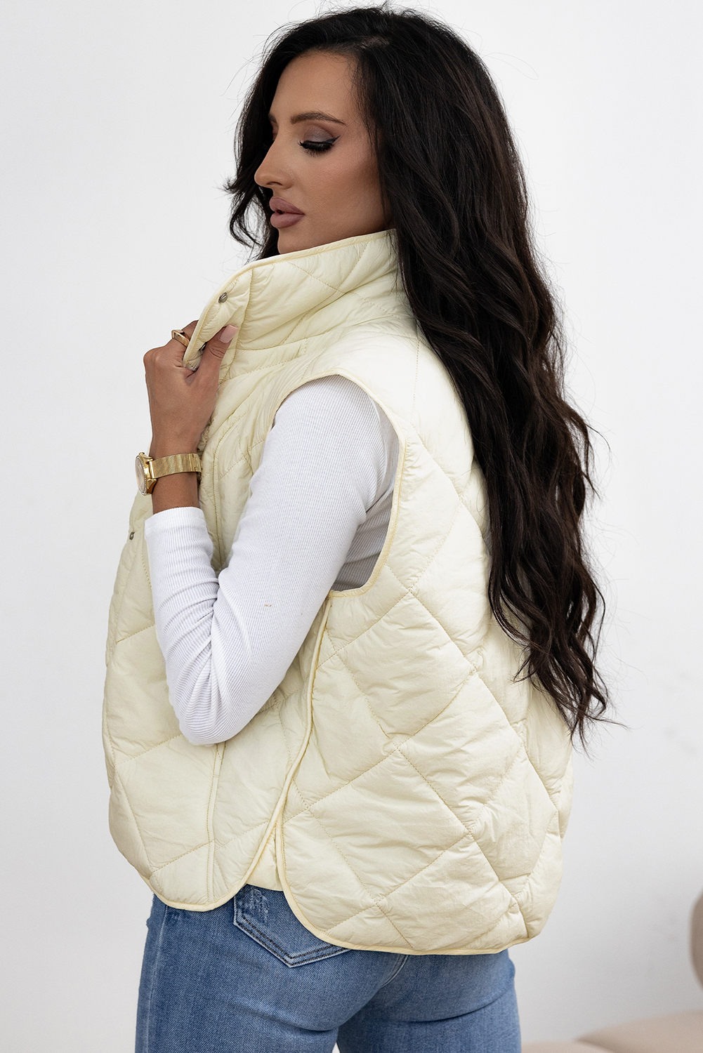Beige Quilted High Neck Button Up Pocket Vest Coat - loveforevers