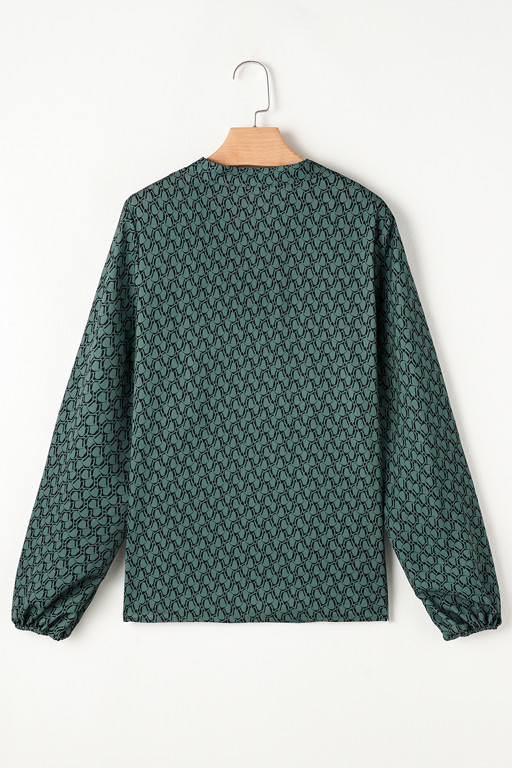 Green Geometric Print Notched Neck Puff Sleeve Blouse - loveforevers