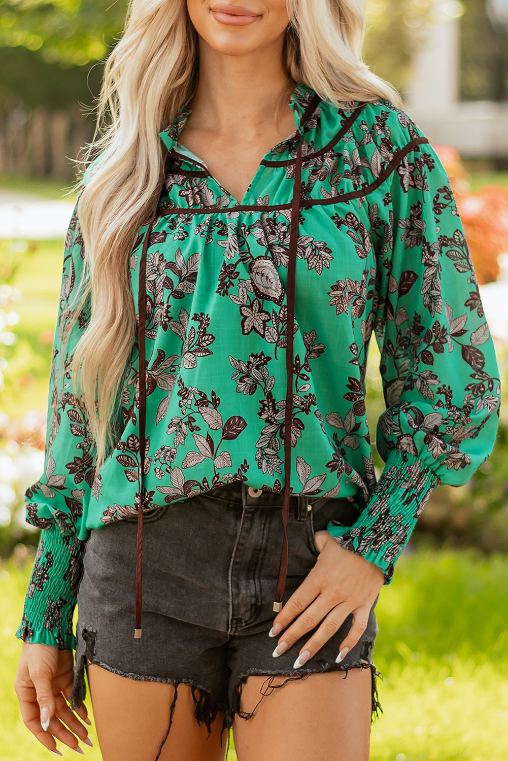 Green Leaves Print Contrast Trim V Neck Shirred Puff Sleeve Blouse - loveforevers