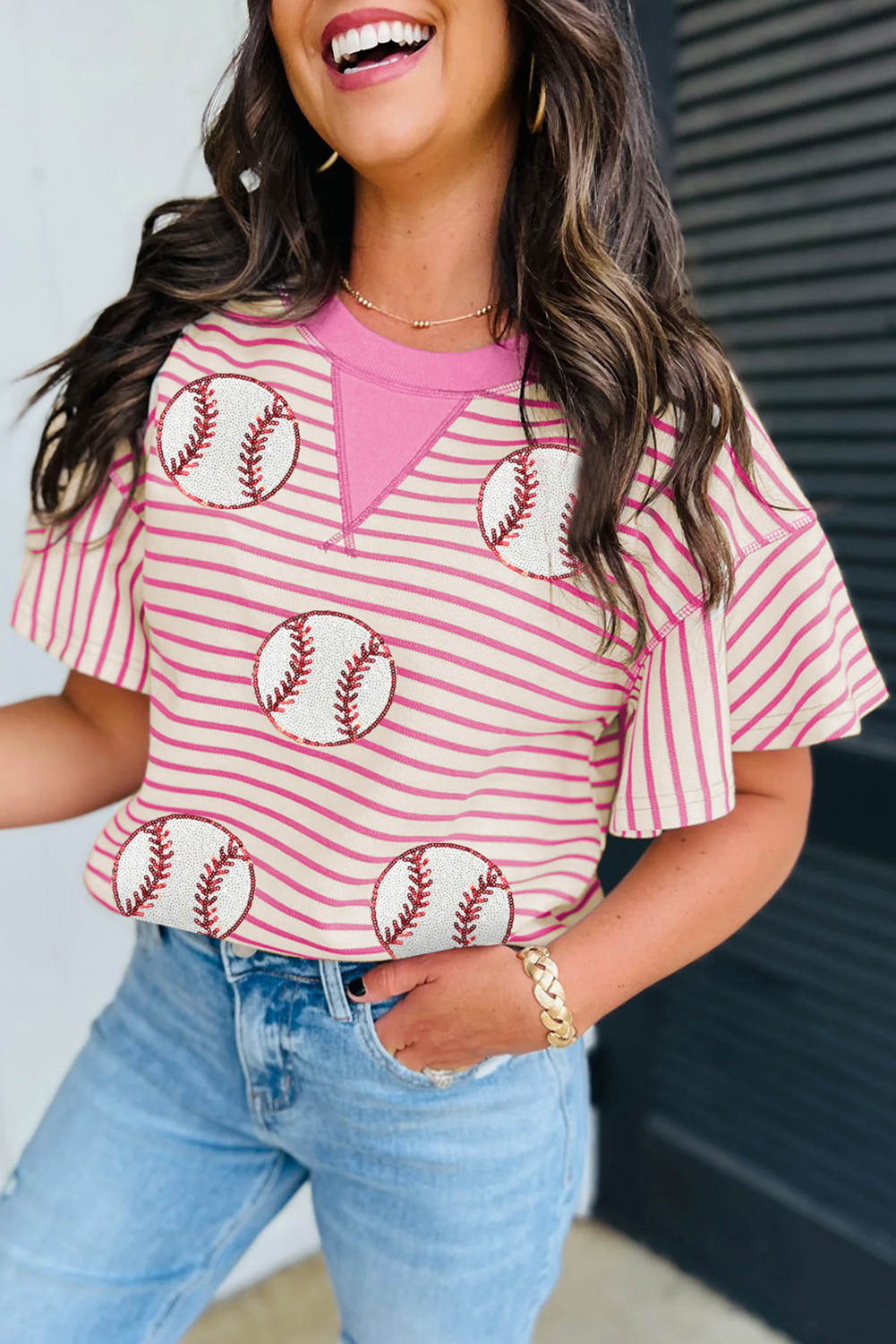 Sachet Pink Sequin Baseball Pattern Striped Ruffle Sleeve Round Neck Knit Top - loveforevers