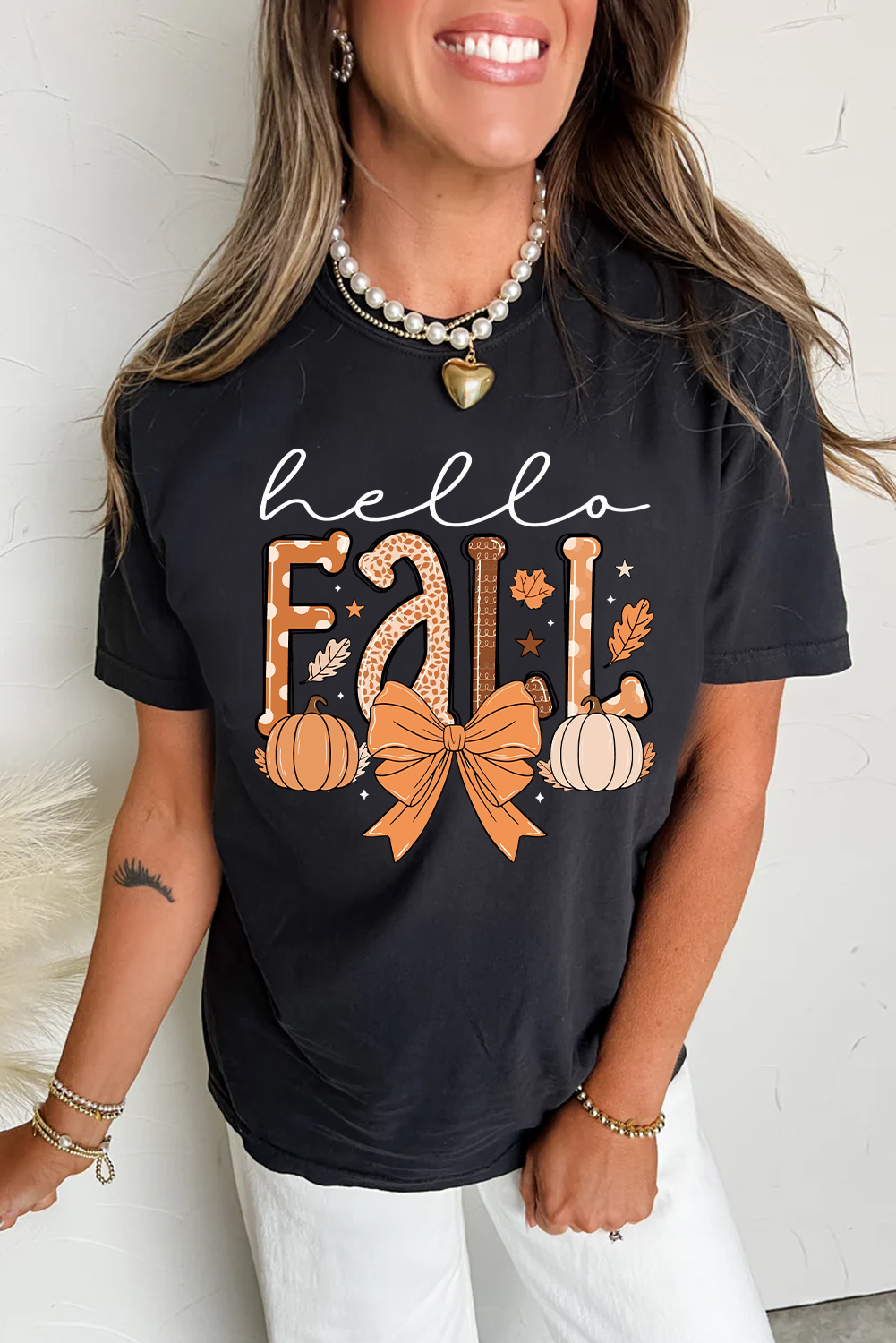 Black Hello Fall Thanksgiving Bow Pumpkin Graphic Tee - loveforevers